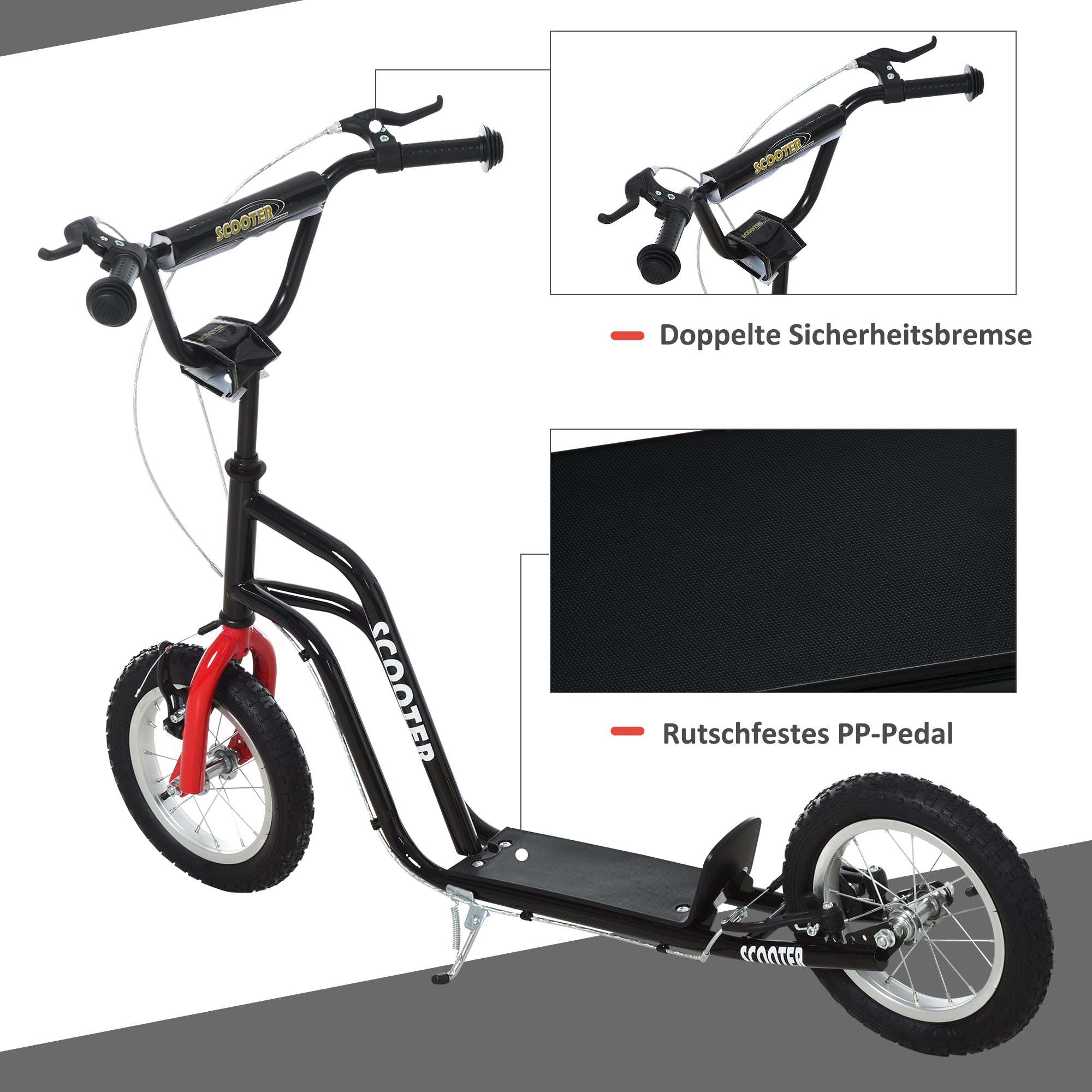 HOMCOM Kinderroller Lenker Verstellbar Scooter Tretroller Cityroller Kinder Roller Kickboard mit Luftreifen 12 Zoll ab 5 Jahre Schwarz 120 x 58 x 75-80 cm