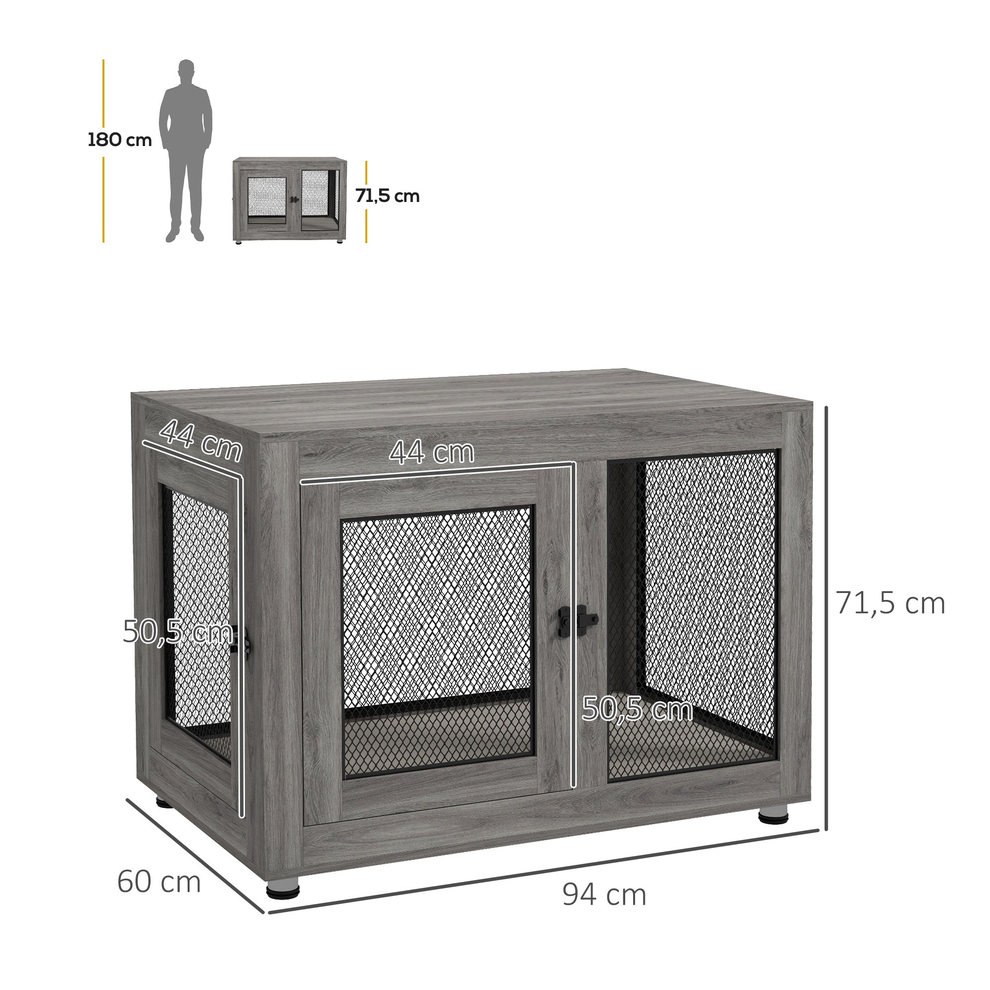 PawHut Hundebox, Welpenbox, mit Ablagefläche, wasserabweisendes Kissen, Stahlgitter, verstellbare Füße, 94x60x71,5 cm