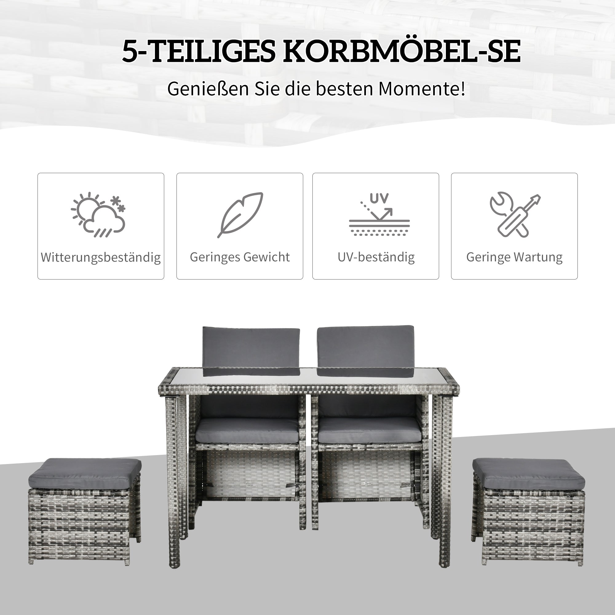 Outsunny Polyrattan Sitzgruppe für 4 Personen Essgruppe Gartenset Garnitur mit Kissen, Grau
