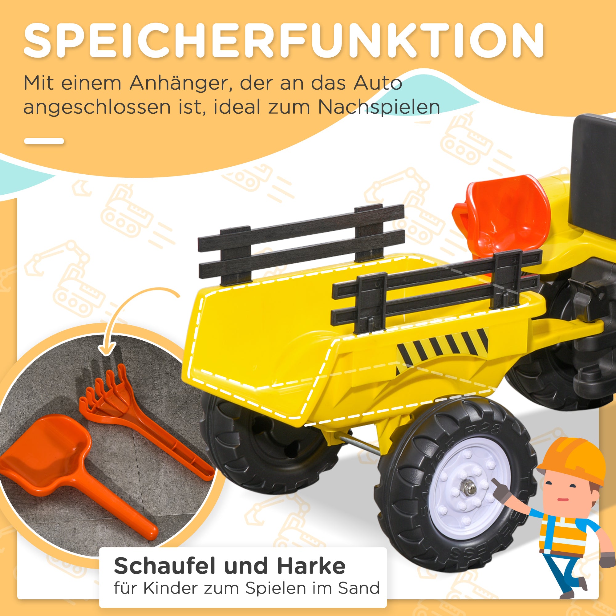 HOMCOM Trettraktor mit Anhänger, Werkzeug, Hupe, für Kinder ab 3 J., Metallrahmen, schwarz-gelb, 133 x 42 x 51 cm