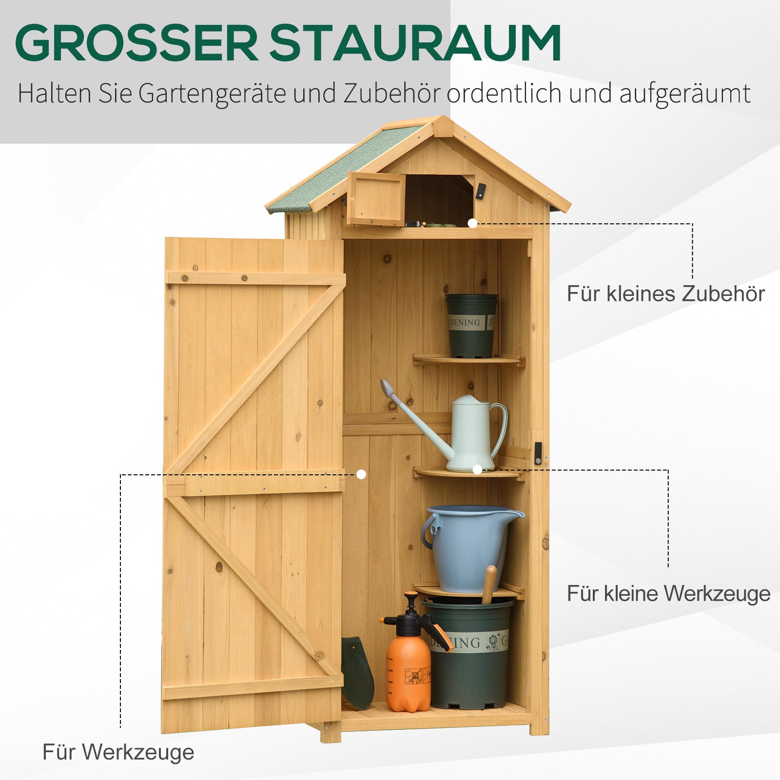 Outsunny Gartenschrank Gartenhaus Gerätehaus Geräteschuppen mit Fachböden Asphaltdach Fenster Holz Gelb+Grün 77 x 54,2 x 179 cm