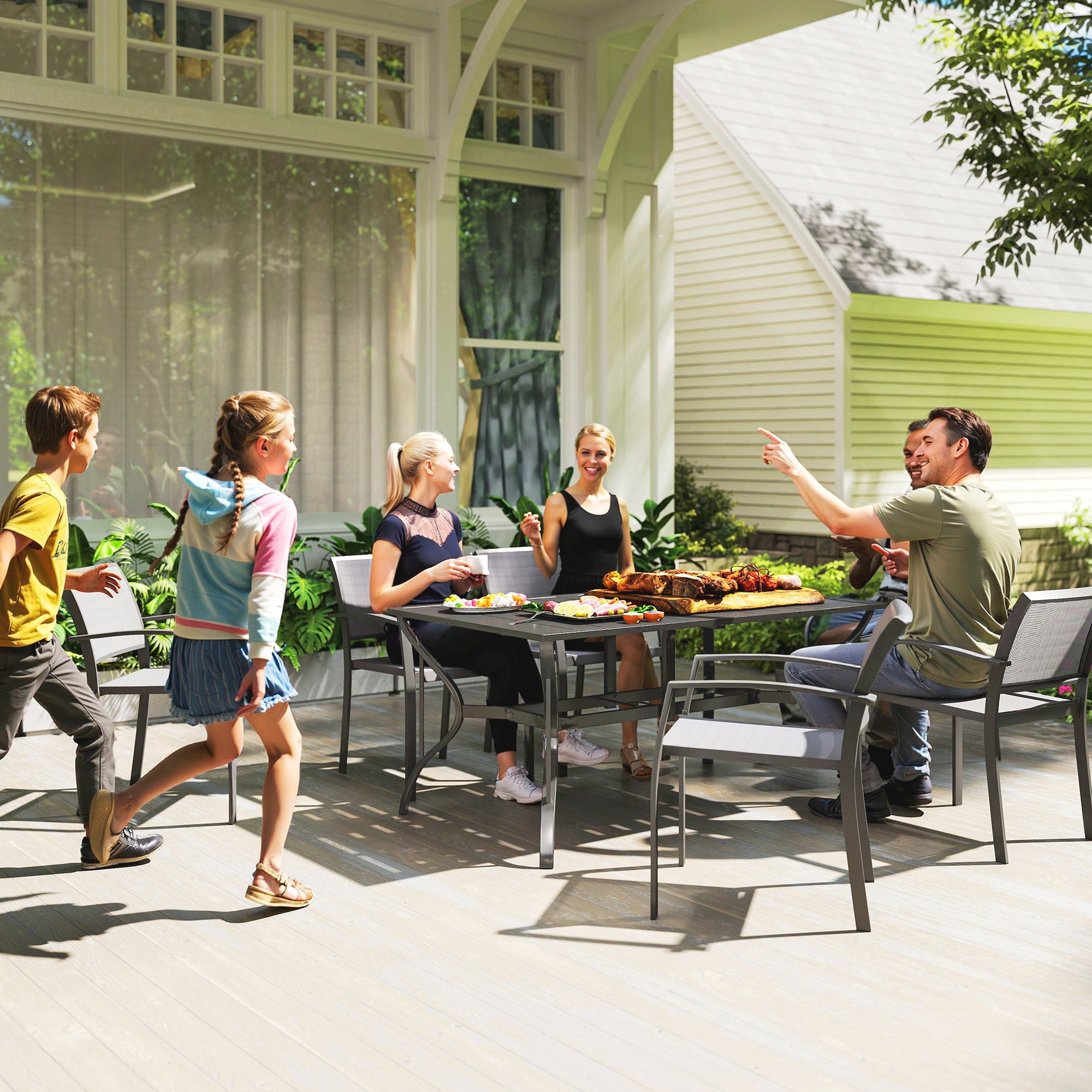 Outsunny Gartentisch Stahl 150x90 cm Wetterfest Balkontisch mit Schirmloch, Lamellen-Design für 6 Personen Schwarz