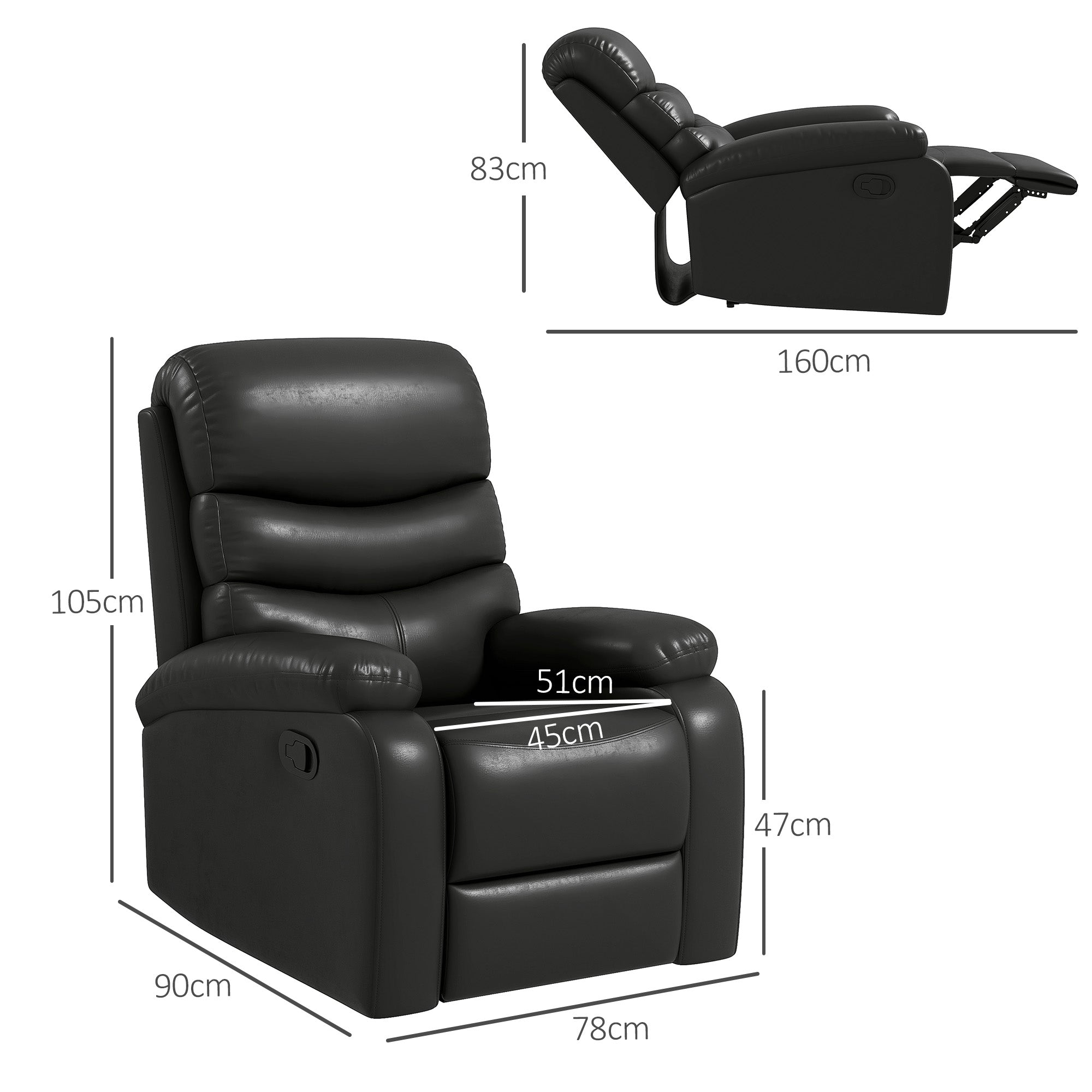 HOMCOM Relaxsessel Liegesessel, Liegefunktion, inkl. Fußstütze, 78 cm x 90 cm x 105 cm, Schwarz