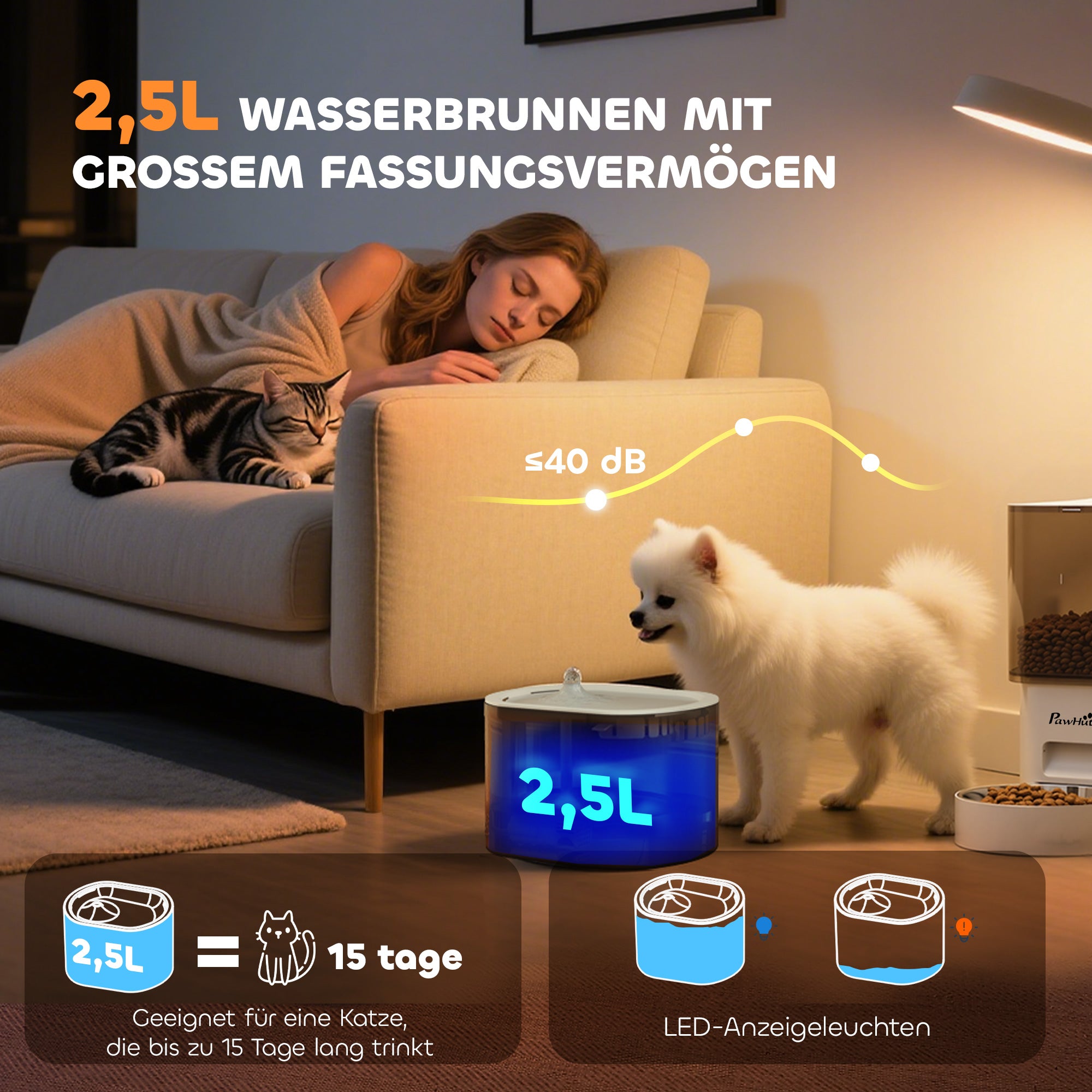 PawHut Automatischer Futterspender und 2,5 L Wasserspender für kleine Hunde, Katzen Weiß