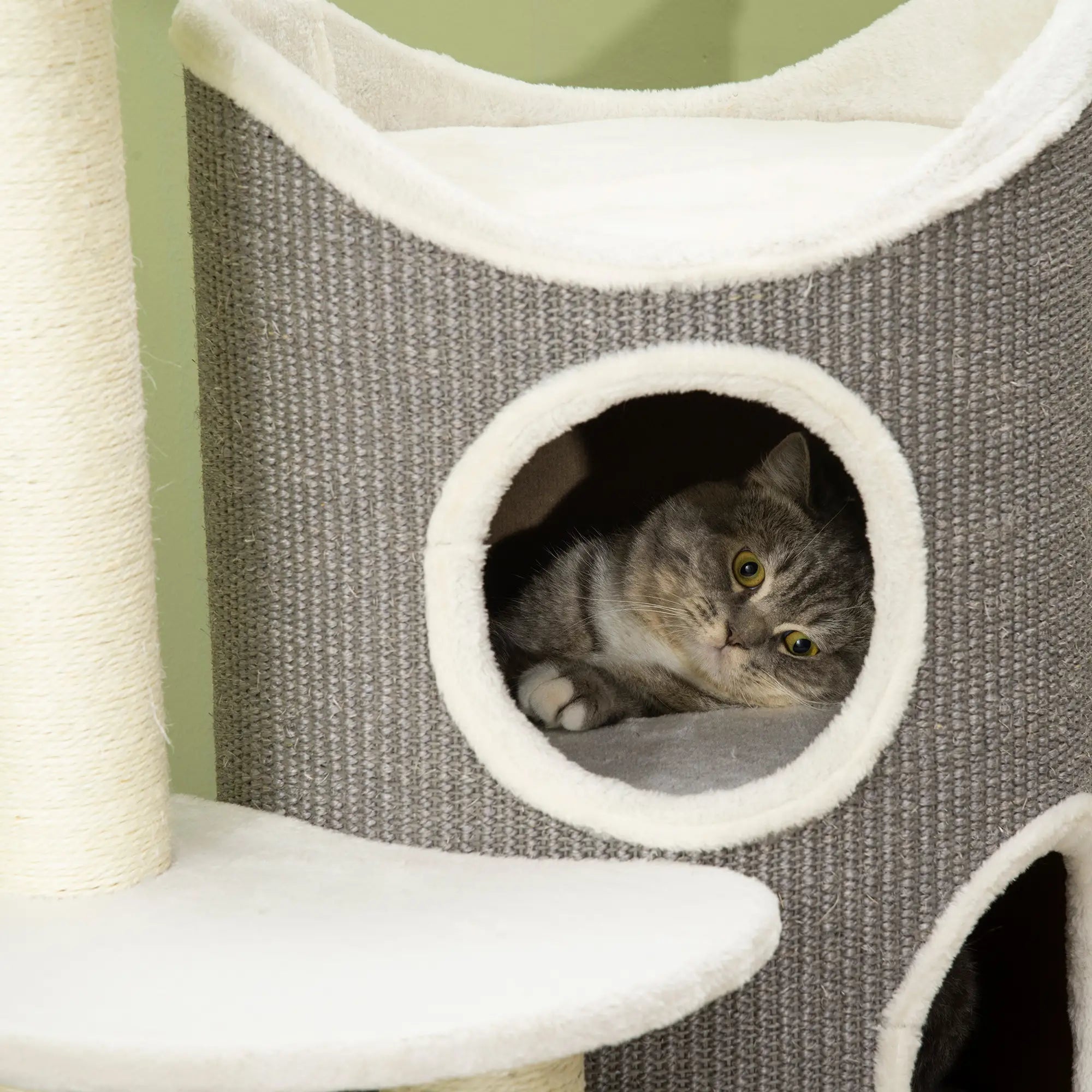 PawHut Kratzbaum Kratztonne Katzenbett mit 3 Ebenen Plüsch Weiß Grau