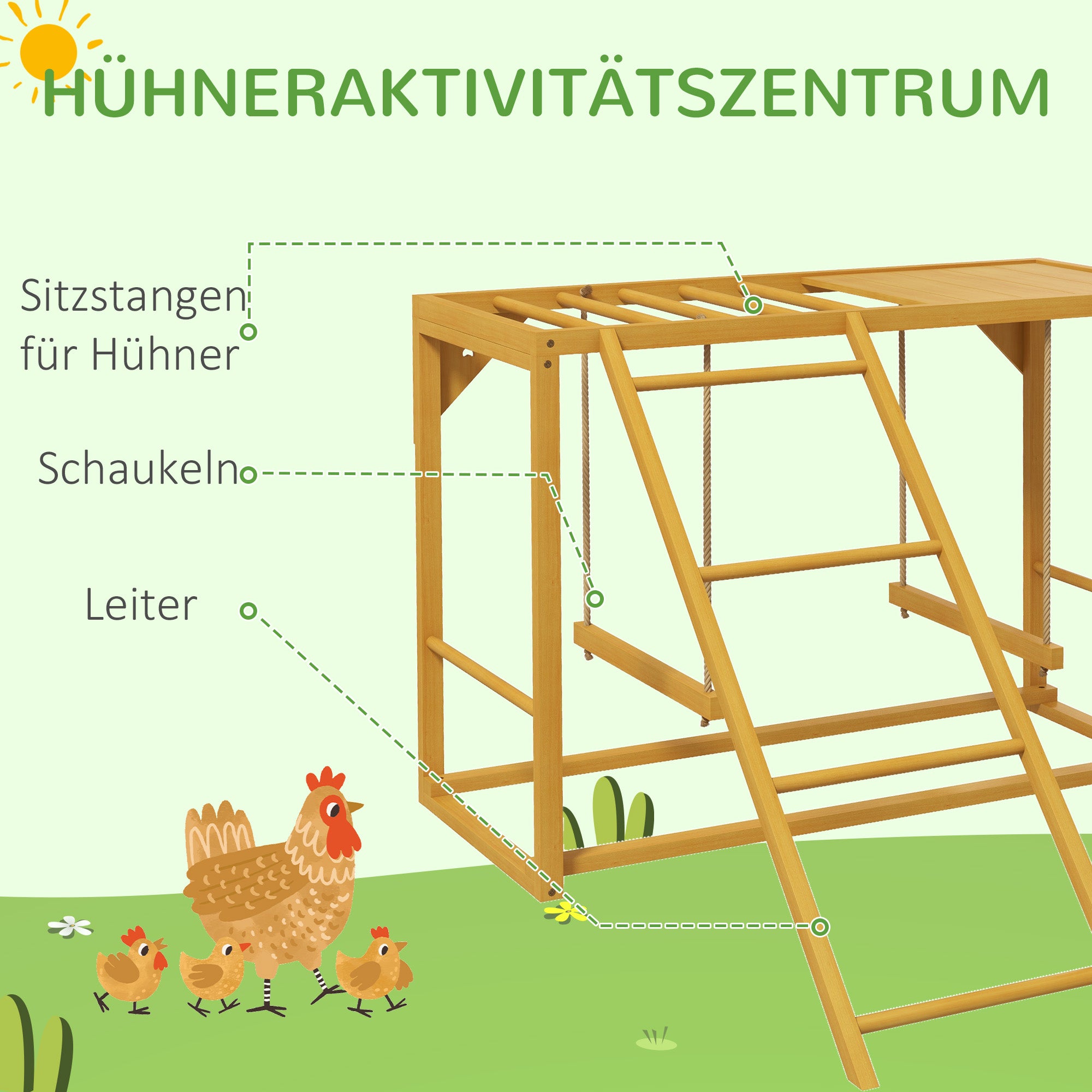 PawHut Hühner-Spielgerüst mit Schaukeln und Leiter, für 3-4 Hühner, Hühner-Klettergerüst aus Holz
