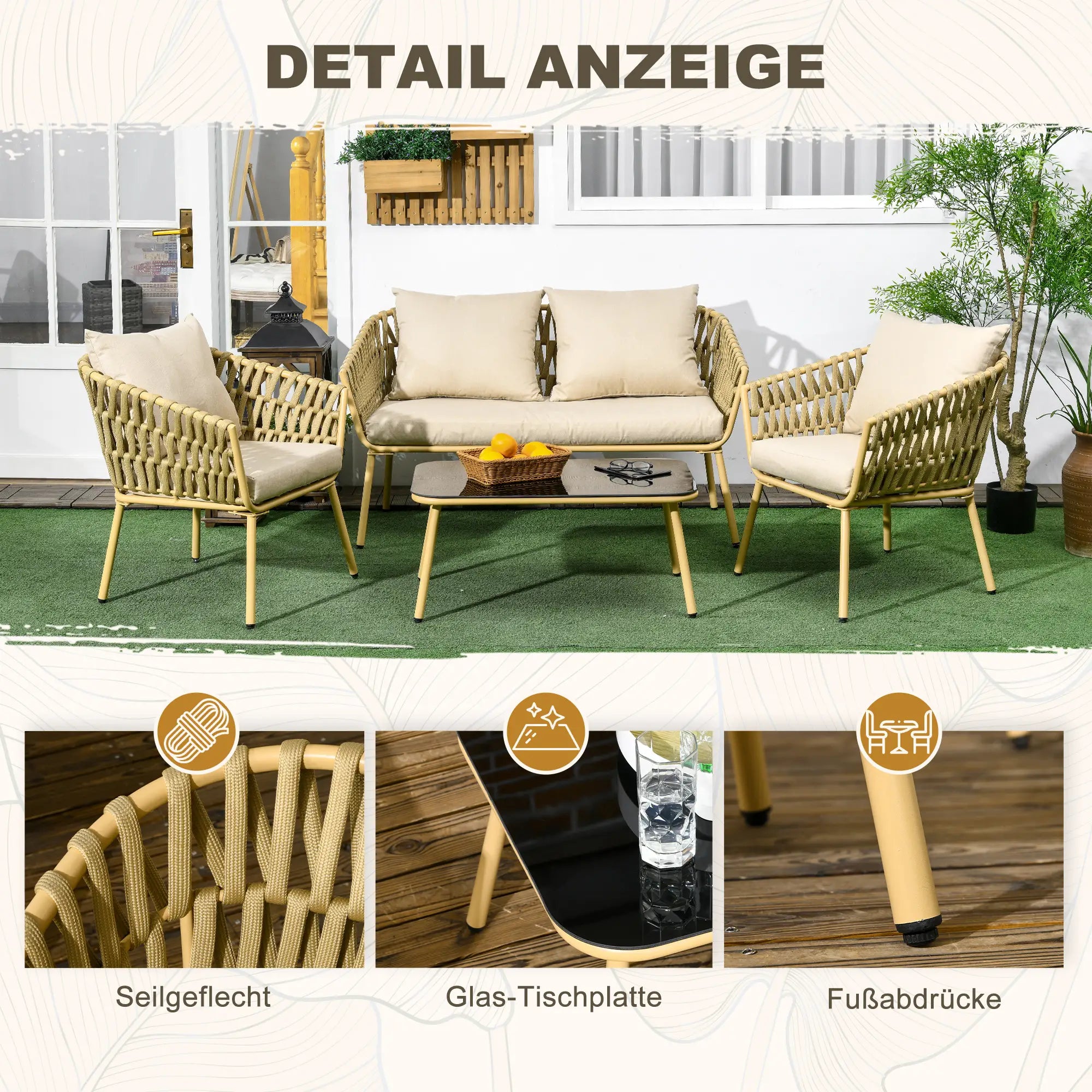 Outsunny Gartenmöbel-Set, 4-teilig, Tisch mit Glasplatte, inkl. Sitzkissen, wetterfest, Khaki