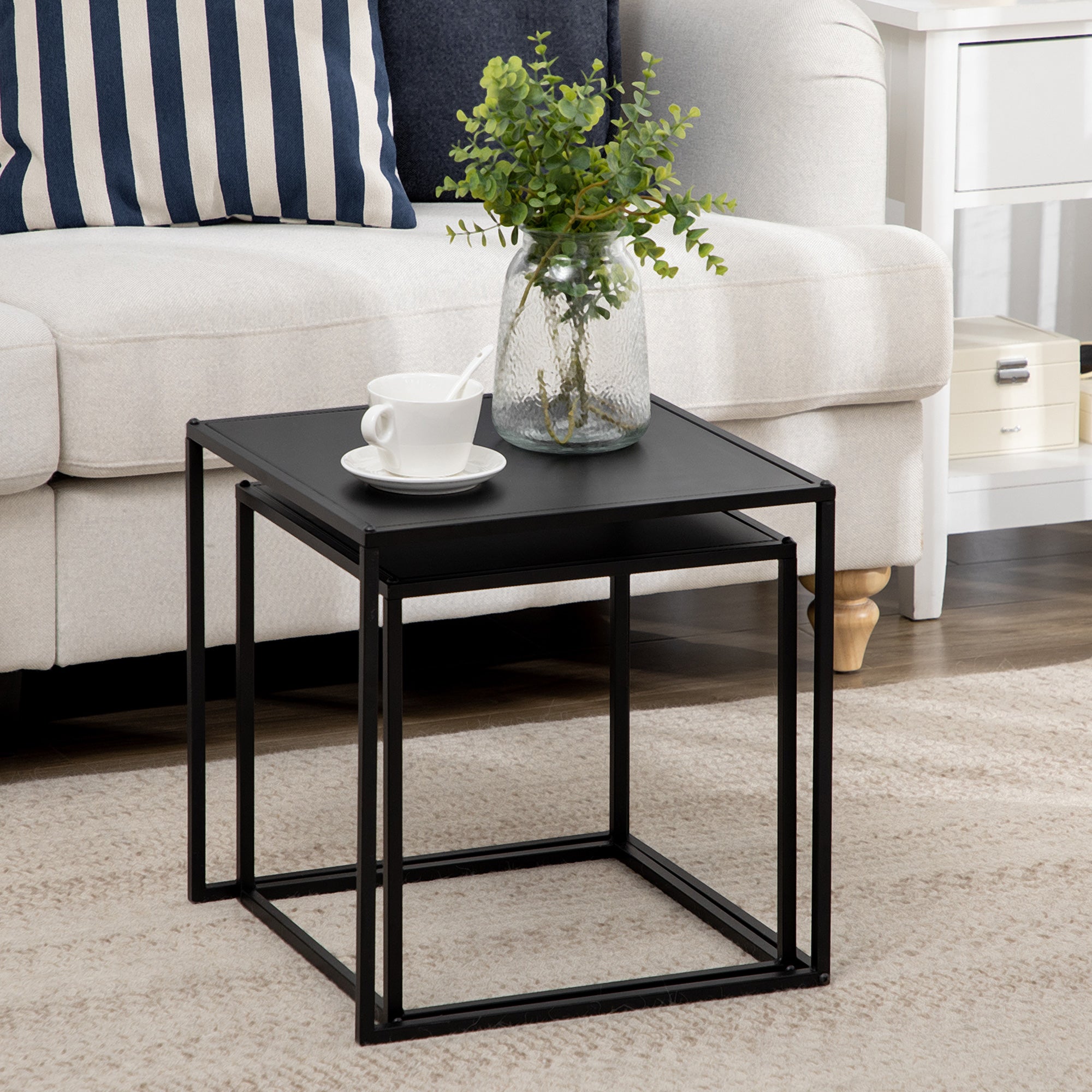 HOMCOM Beistelltisch, Couchtisch, Satztisch, 2er-Set, modernes Design, Stahlrahmen, schwarz, 40 x 40 x 40cm