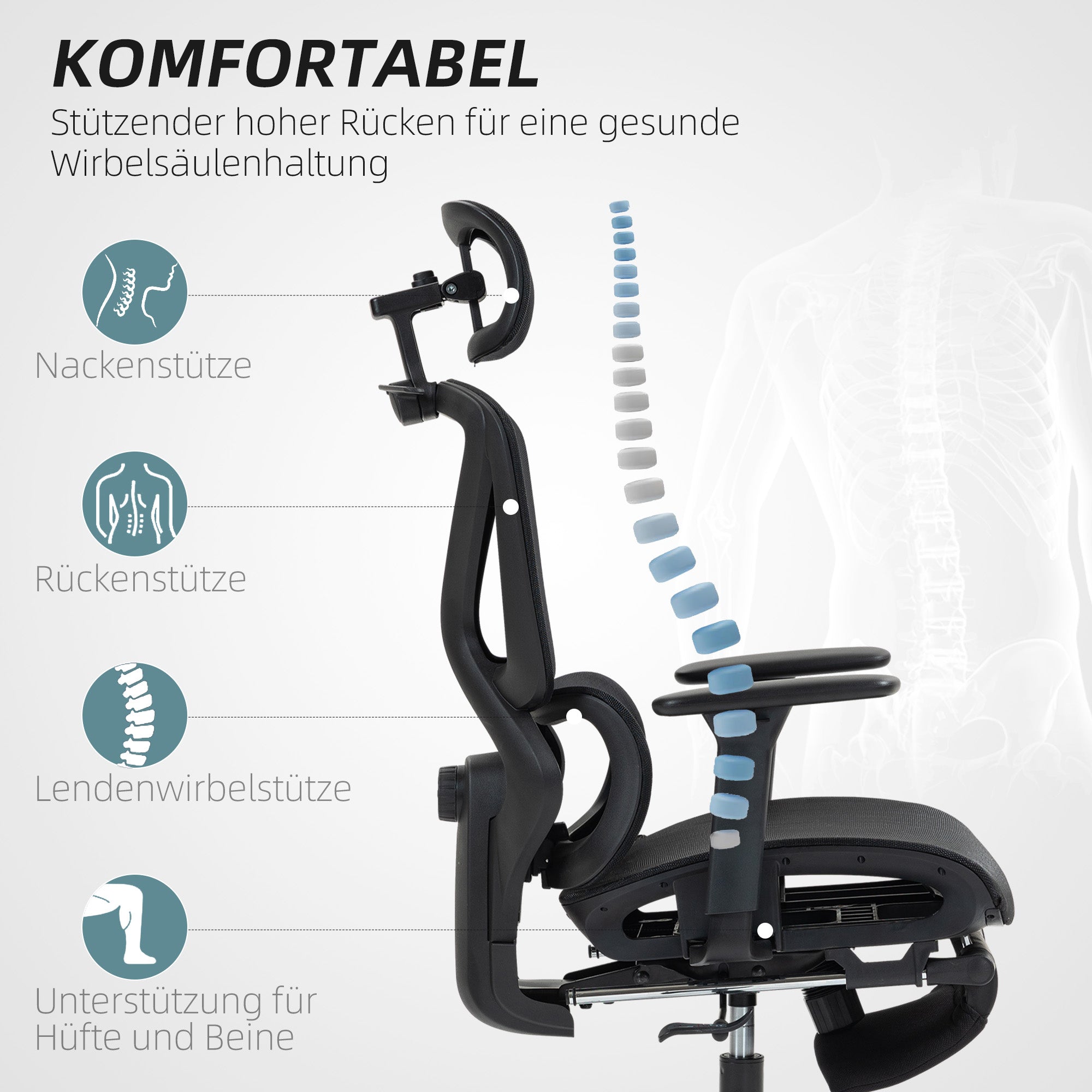 HOMCOM Bürostuhl, Ergonomischer Schreibtischstuhl, 135 Grad neigbar, verstellbar, Schwarz
