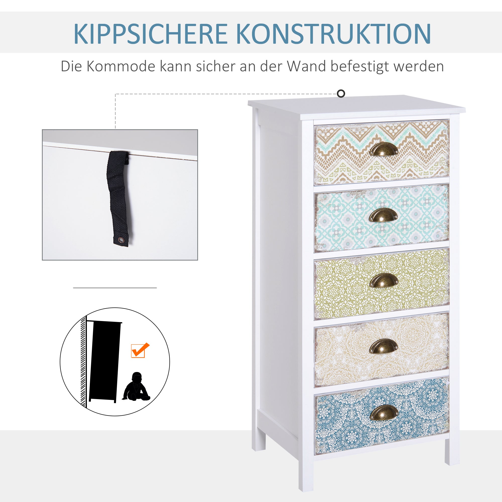 HOMCOM Kommode Schubladenkommode Siedeboard, Modern-Design, 5 Schubladen, 46 cm x 34 cm x 97,5 cm, Bunt