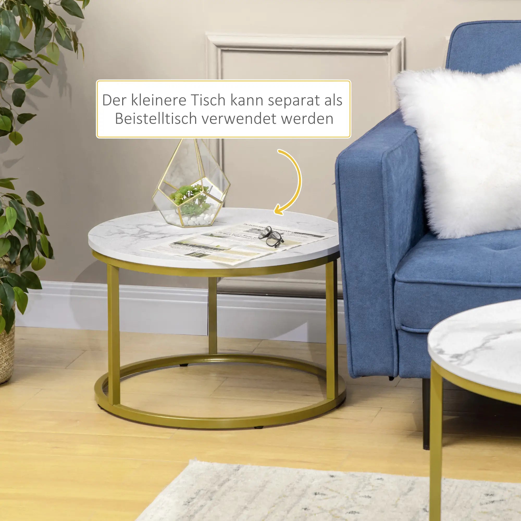 HOMCOM Beistelltisch-Set, 2 Satztische, Ø74 & Ø59 cm, Marmoroptik, Rahmen in Gold