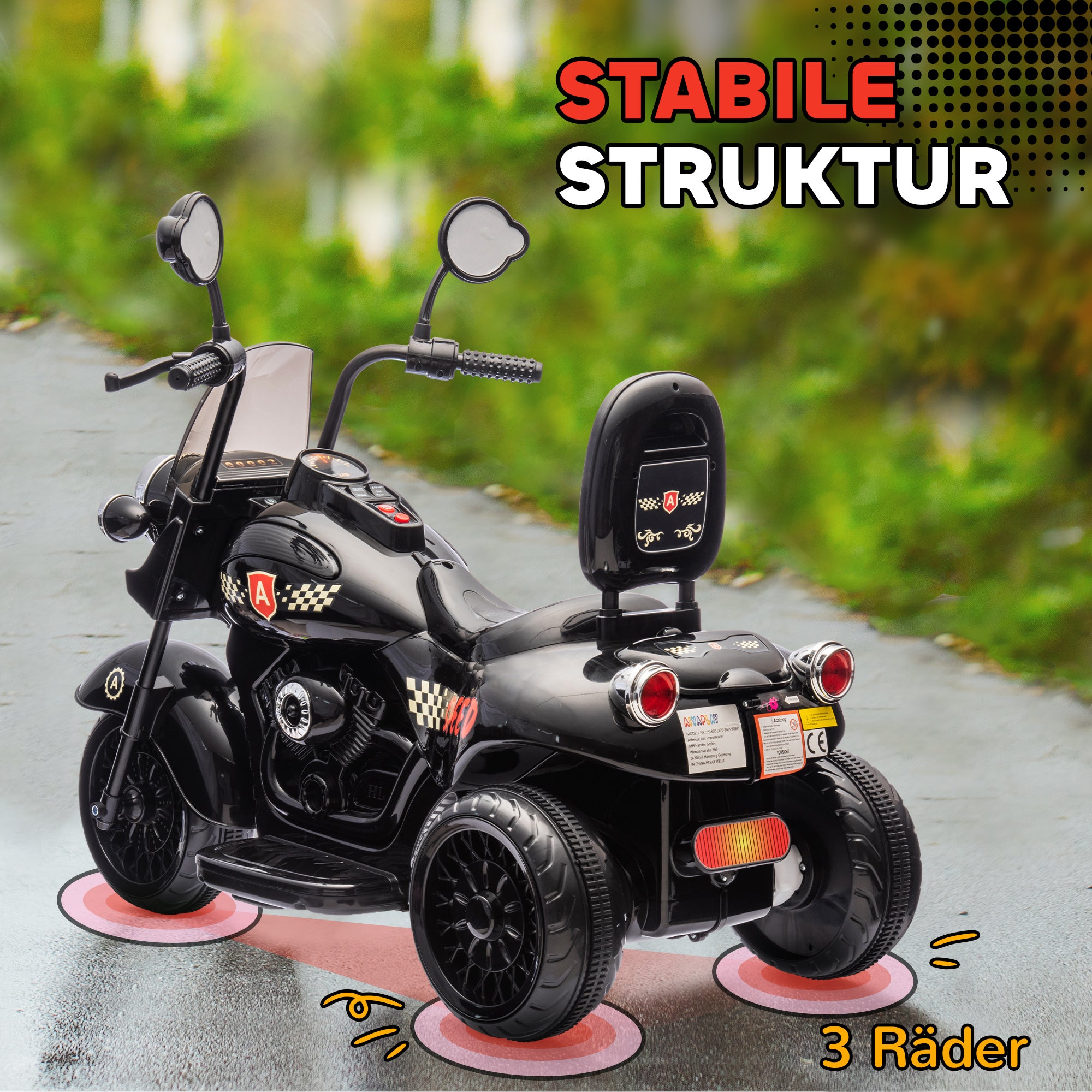 AIYAPLAY Elektro-Kindermotorrad, 3-5 km/h, Chopper, Licht & Musik, für Kinder 3-6 Jahre, Schwarz