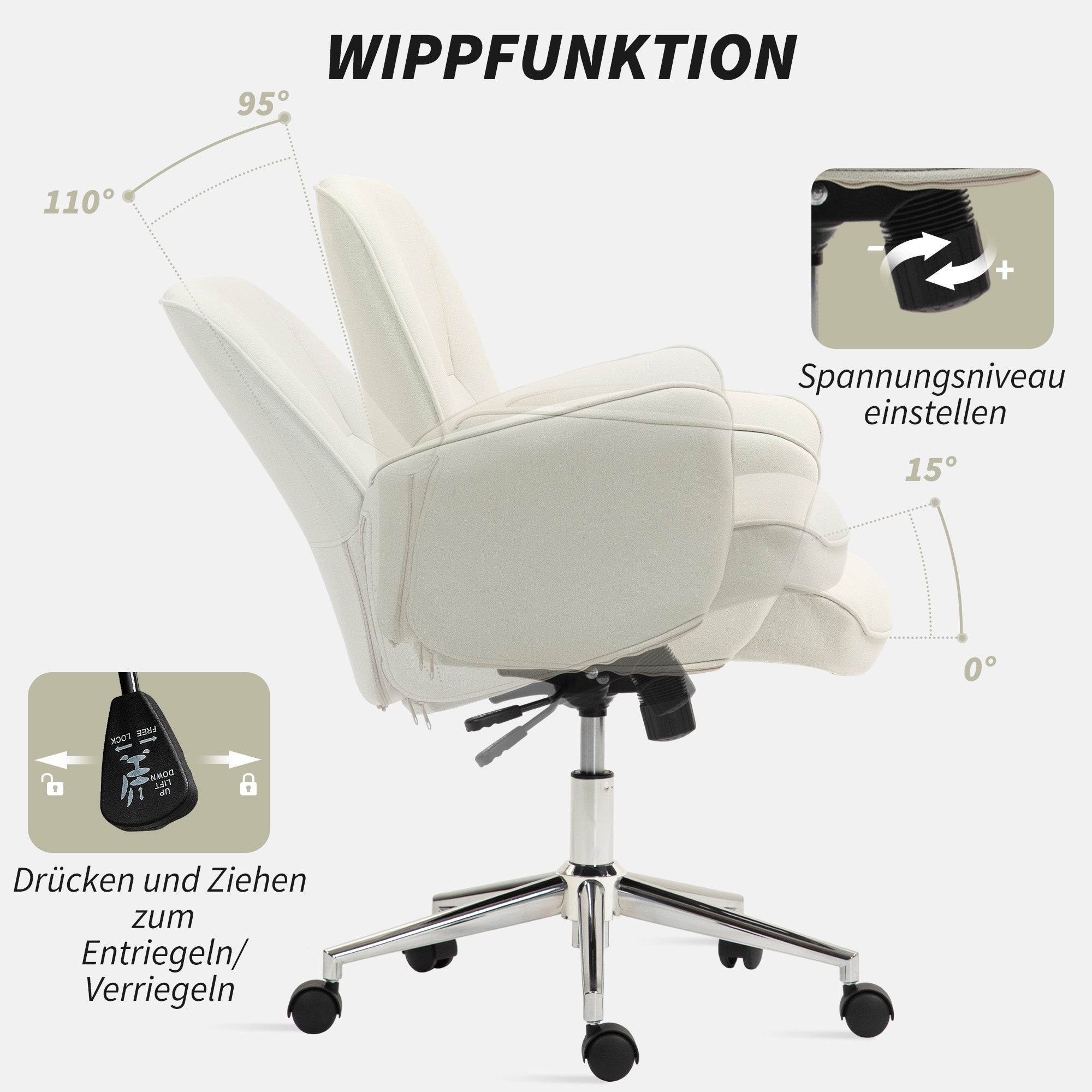 Vinsetto Bürostuhl, höhenverstellbar, atmungsaktiver Bezug, Wippfunktion, bis 120 kg, Cremeweiß