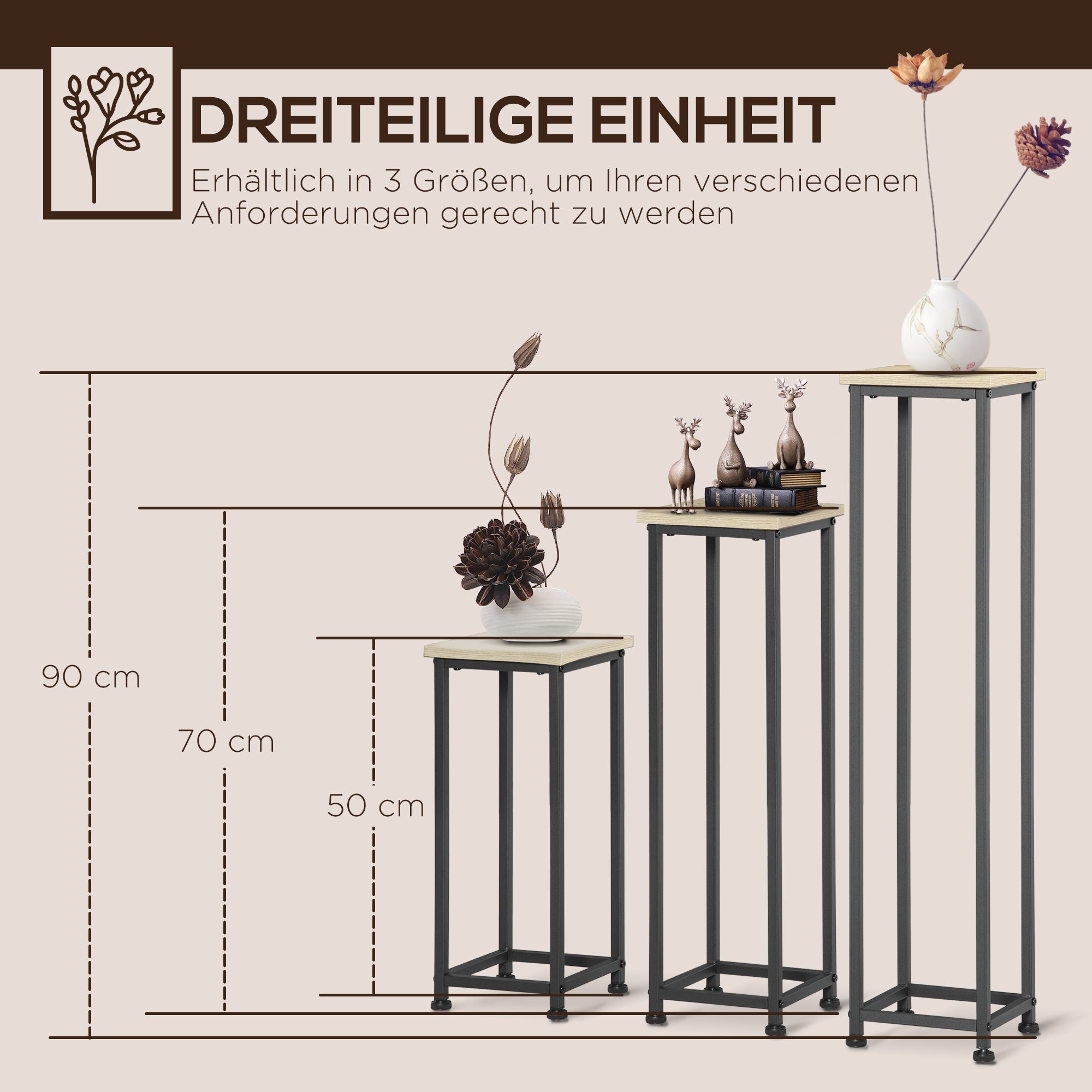 Outsunny 3-teiliges Set Pflanzenständer stapelbar platzsparend 21 cm x 21 cm x 50/70/90 cm Stahl Braun + Schwarz