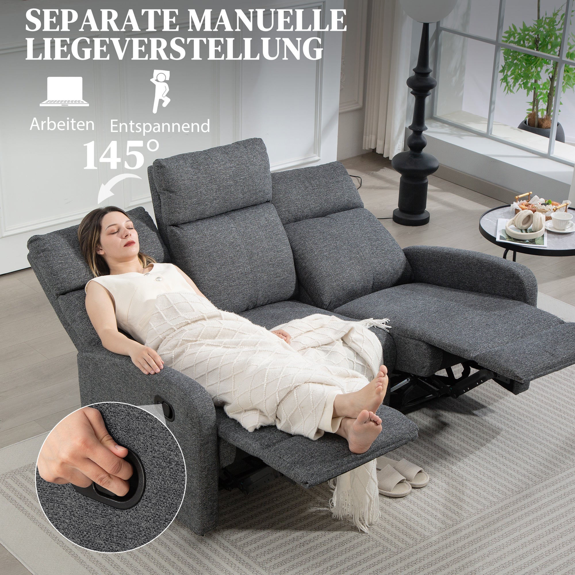 HOMCOM 3-Sitzer-Sofa, individuell verstellbare Rückenlehnen, Fußstütze, Stoffbezug, Metall, Grau