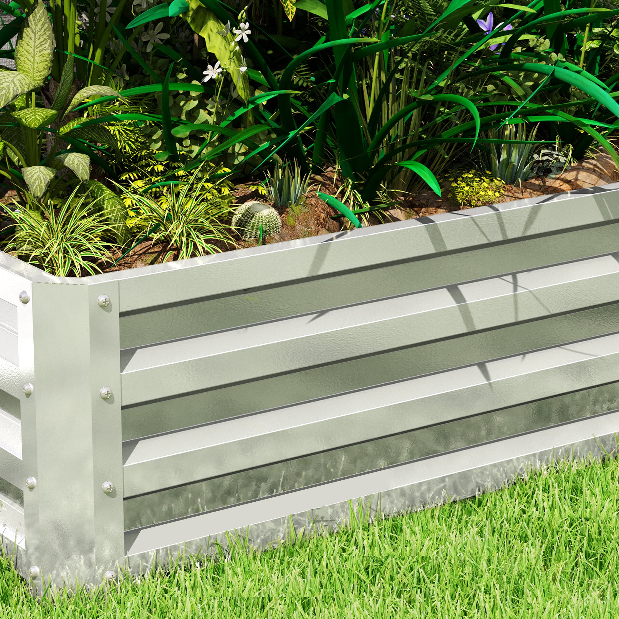 Outsunny Hochbeet Pflanzkasten, wetterbeständig, offener Boden, verzinkter Stahl, 120 cm x 60 cm x 30,5 cm, Silber