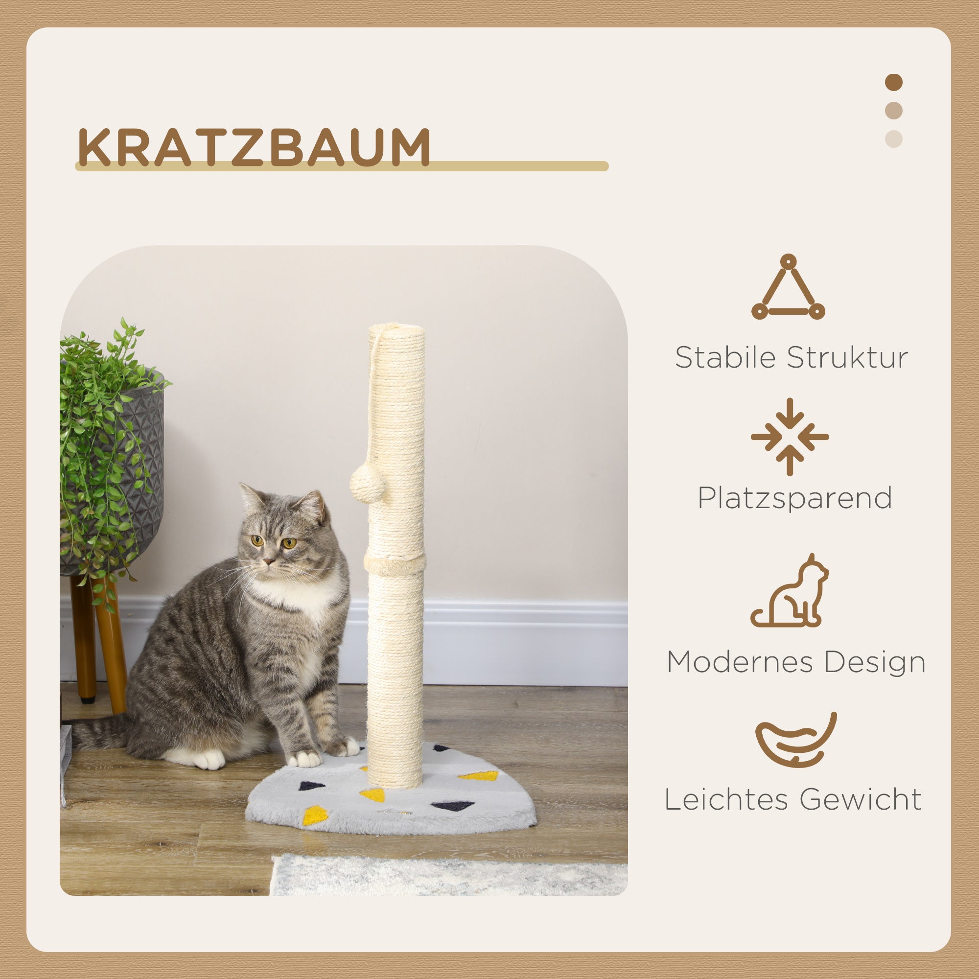 PawHut Kratzbaum, mit Spielball, kompakte Größe, robustes Juteseil, hellgrau+beige, 35 x 35 x 62 cm