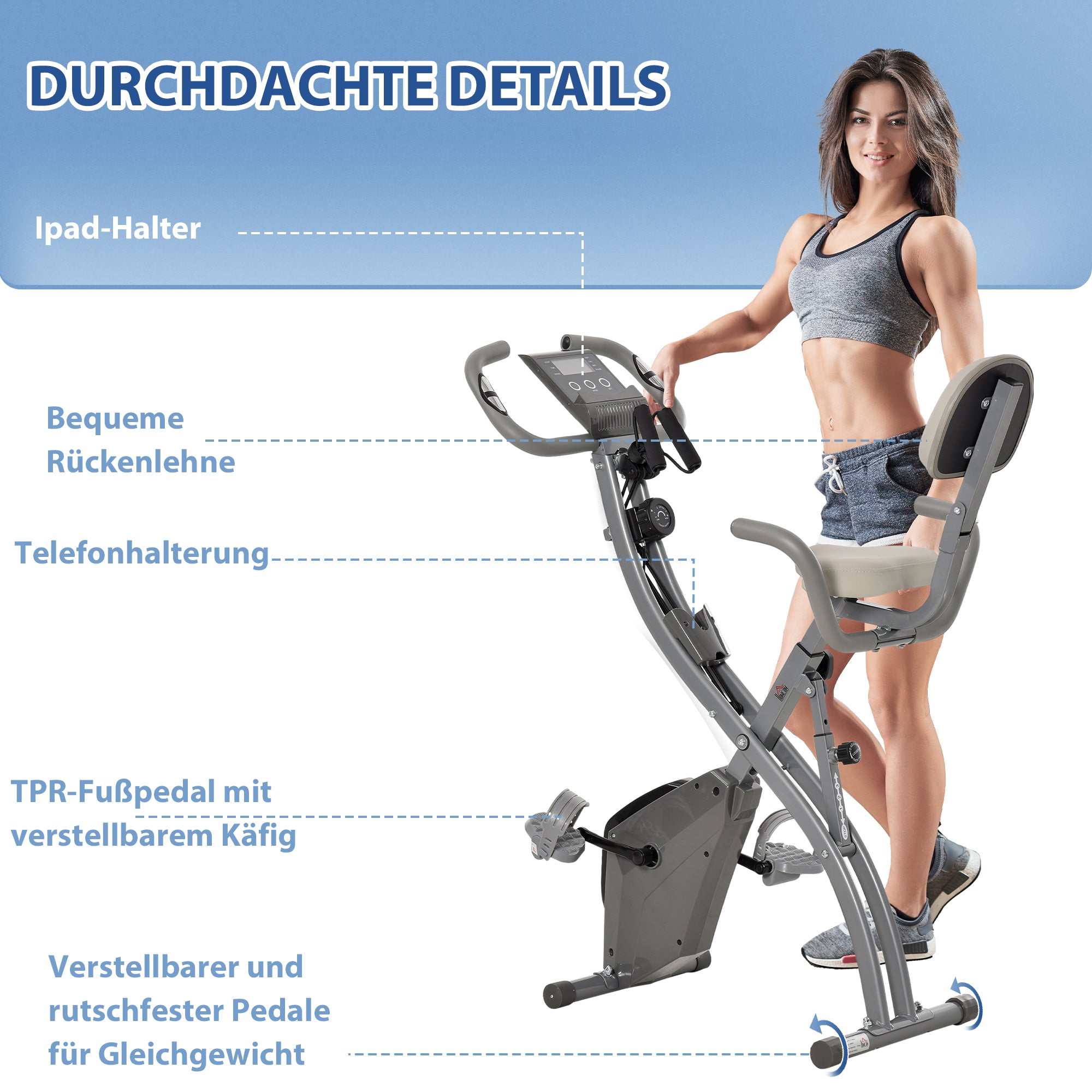 HOMCOM Heimtrainer X-Bike 2-in-1 Fahrradtrainer mit LCD-Display,Pulsmesser, klappbarer Hometrainer Trimmrad mit 8 stufig Magnetwiderstand, 1 Paar Spannseil, Stahl Grau 105x48x118 cm