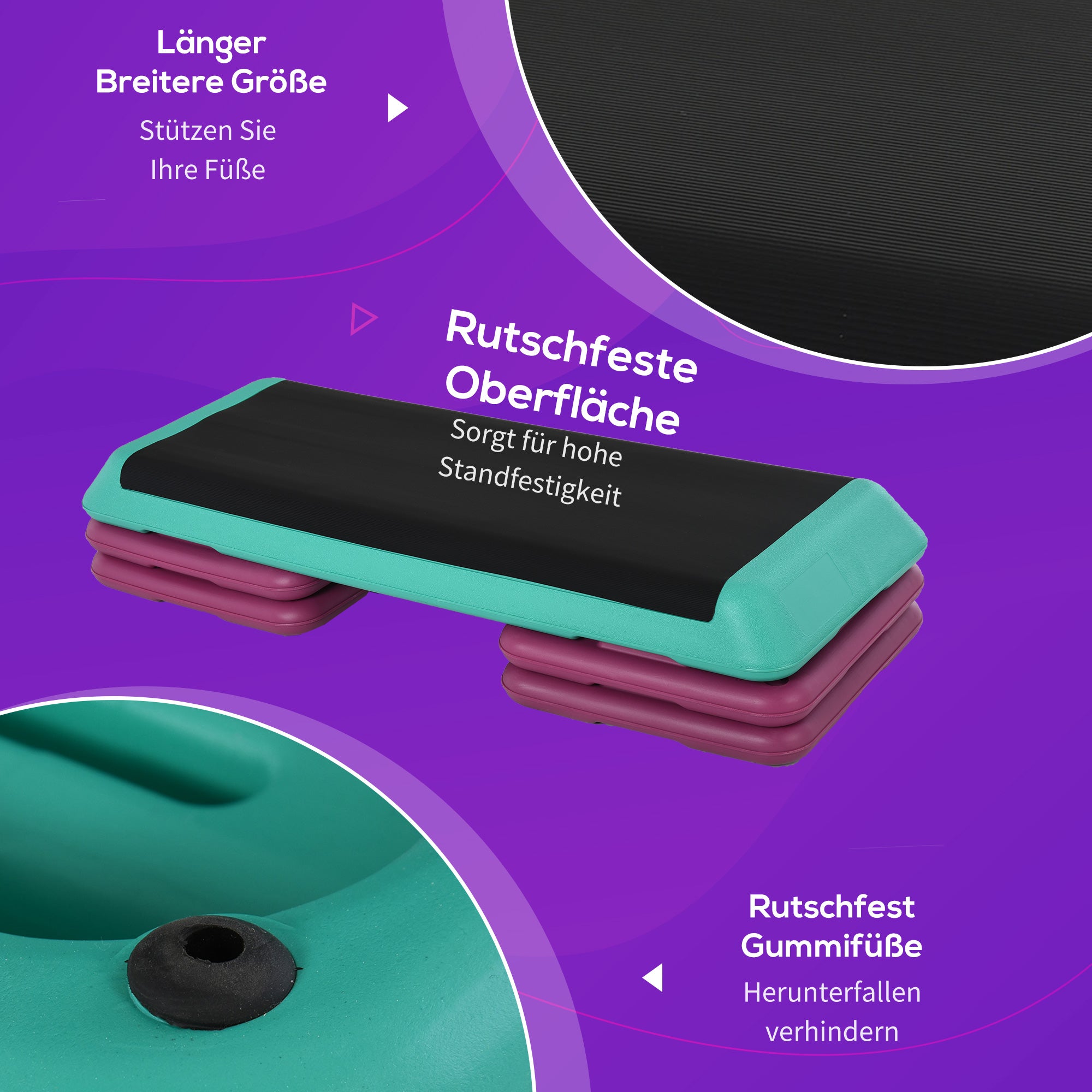 HOMCOM Steppbrett höhenverstellbar Fitness Stepper 3 Stufen (10/15/20 cm) Rutschfest Stepbench für Zuhause Fitnessstudio Büro Kunststoff Schwarz+Grün+Violett