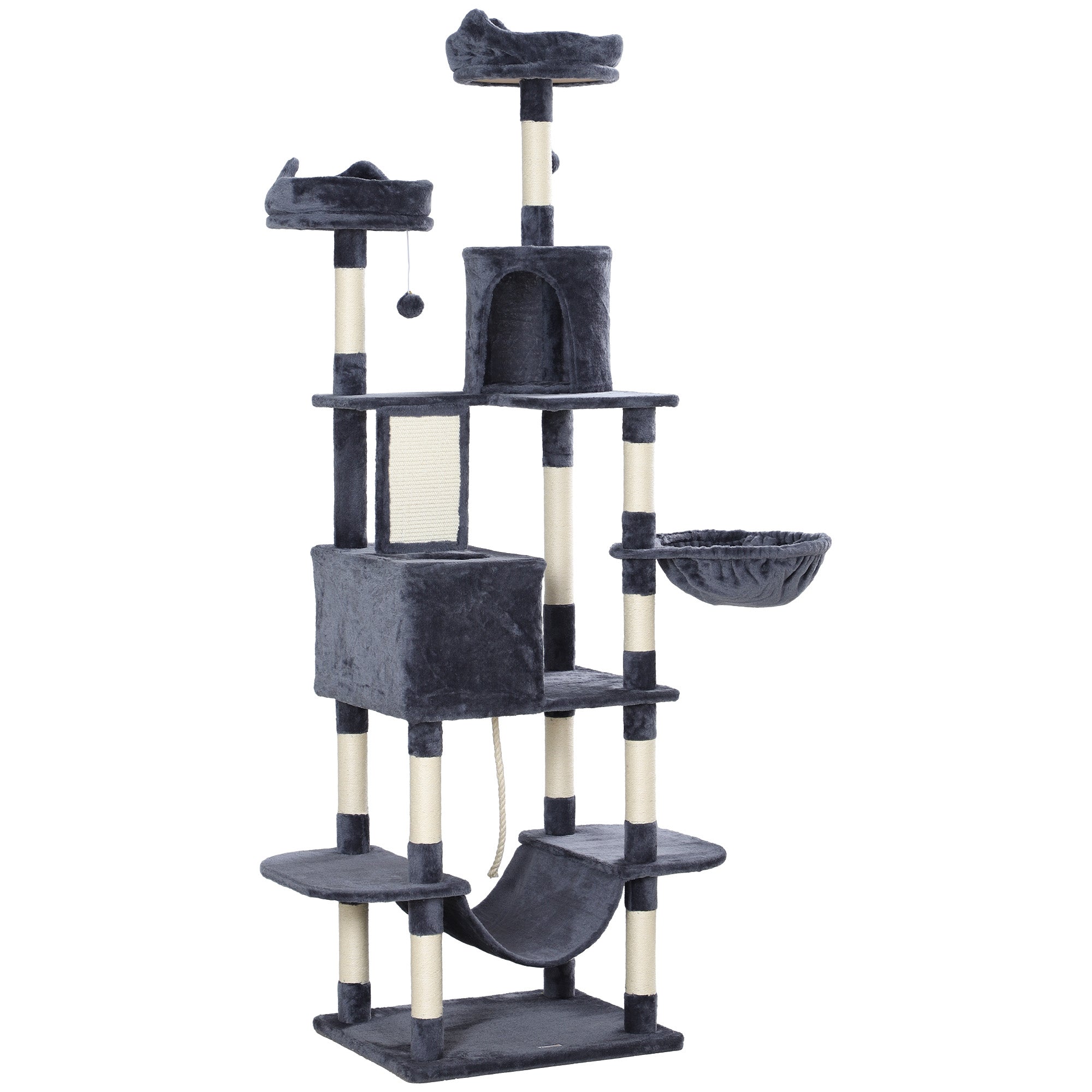 PawHut Kratzbaum 206 cm Katzenturm mit Höhle, 2 Spielballen, Sisalstämme, Plattform für große Katzen, Dunkelgrau