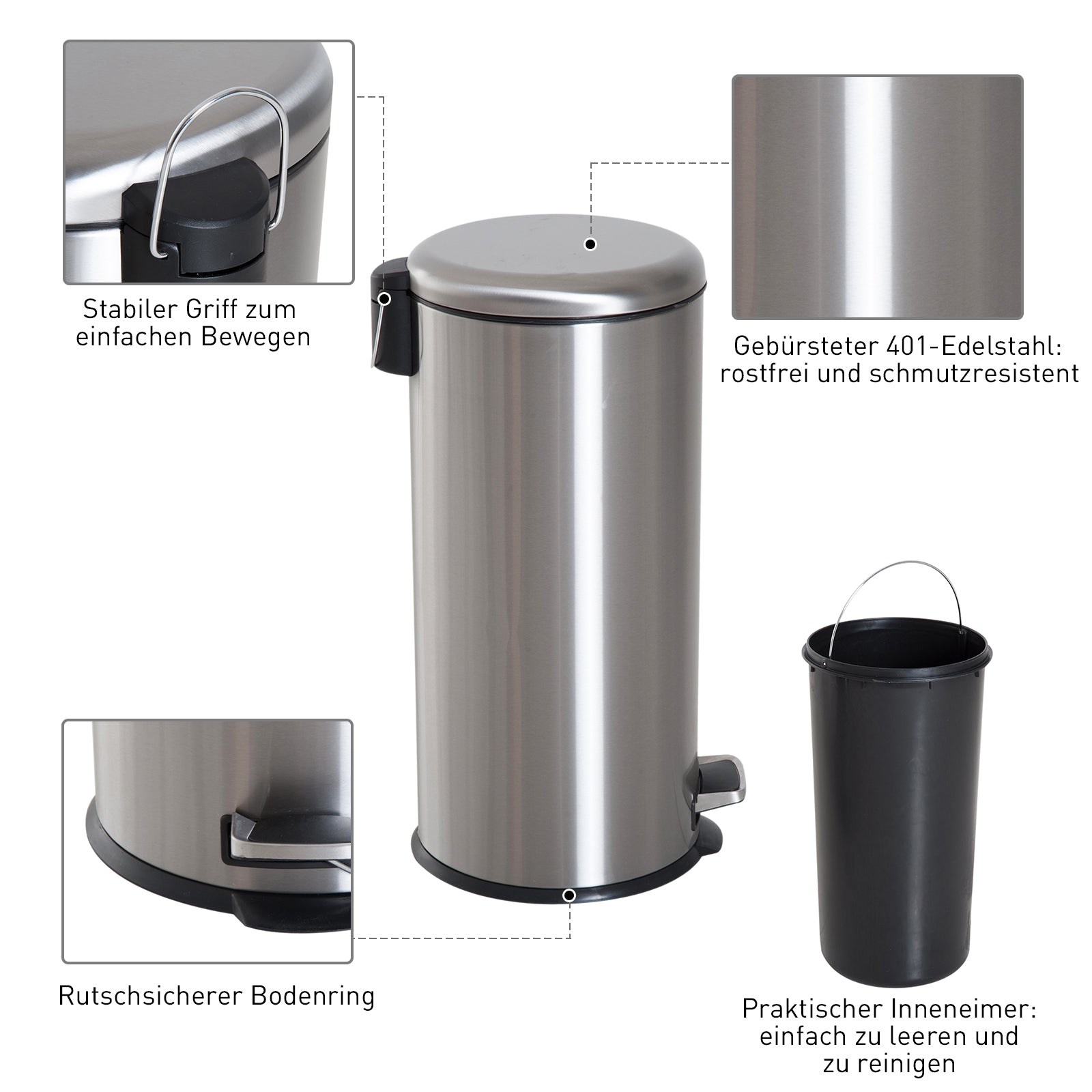 HOMCOM 30L Mülleimer Abfalleimer, Papierkorb, Treteimer mit Deckel, Fußpedal, Müllbehälter mit Inneneimer, Mülltrennung für Wohnzimmer, Büro, Rund