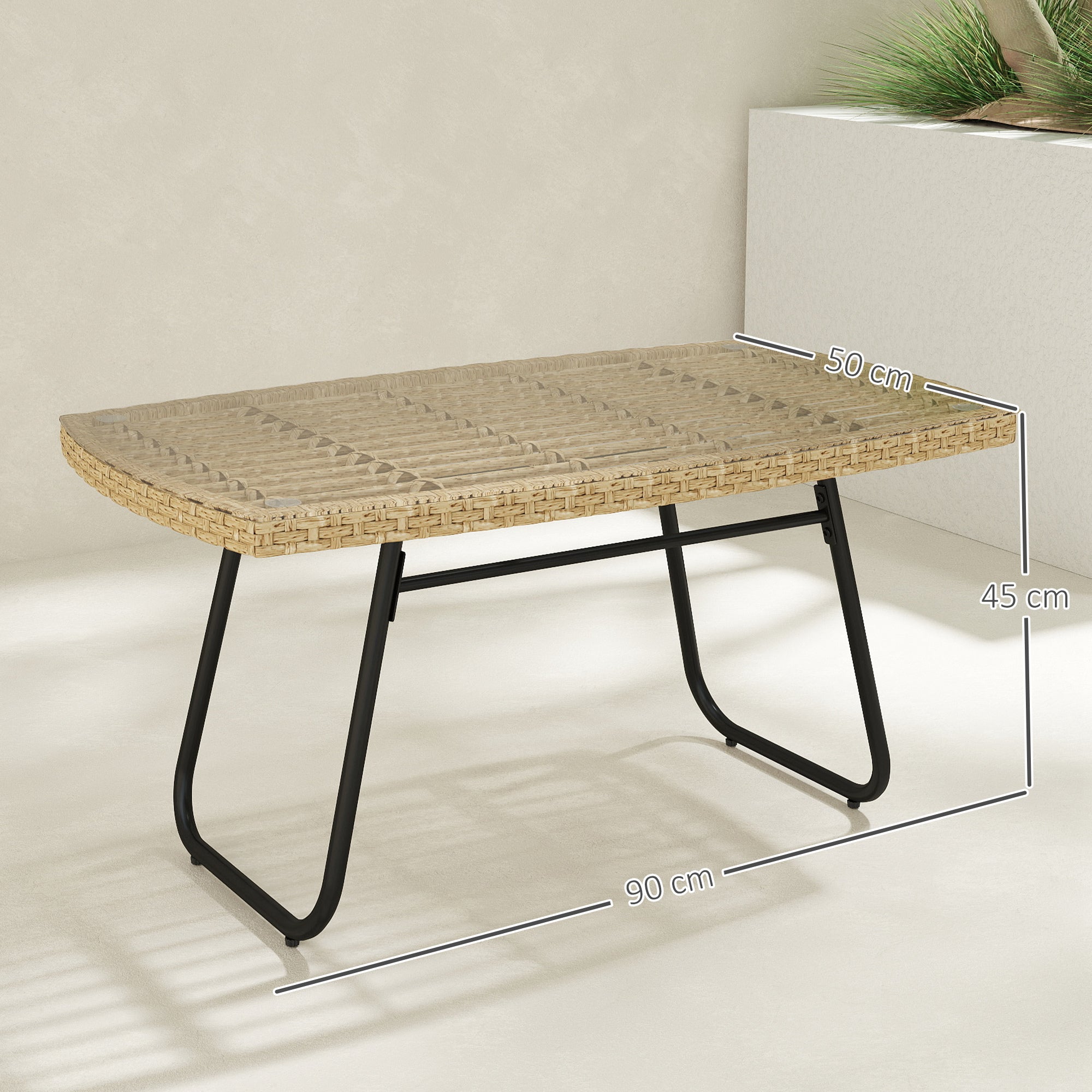 Outsunny Polyrattan Gartentisch, 90 x 50 x 45 cm, UV-beständig Beistelltisch mit Glasplatte Naturholz