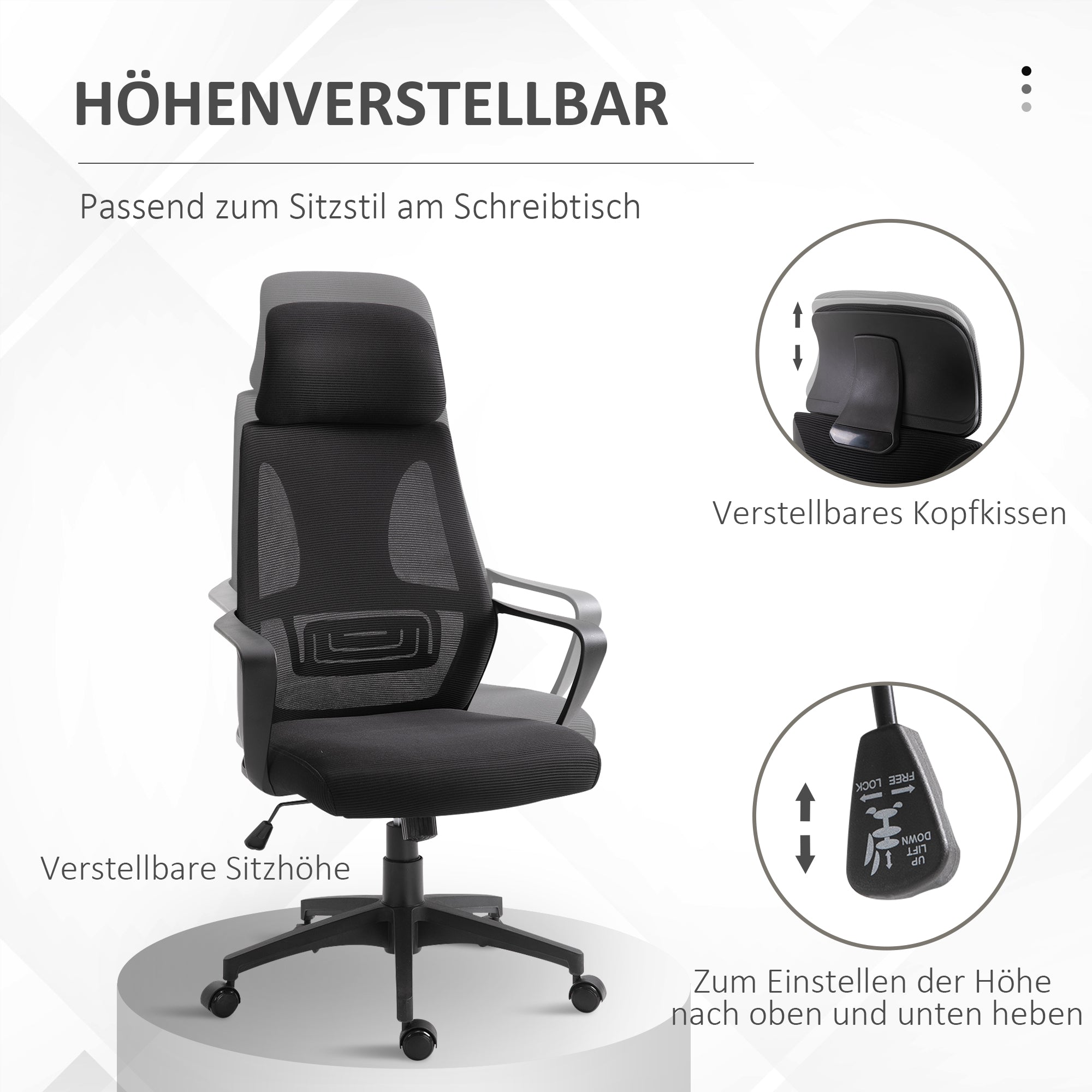 Vinsetto Bürostuhl, Schreibtischstuhl mit Wippfunktion Höhenverstellbarer mit Kopfstütze, Lendenstütze Schwarz