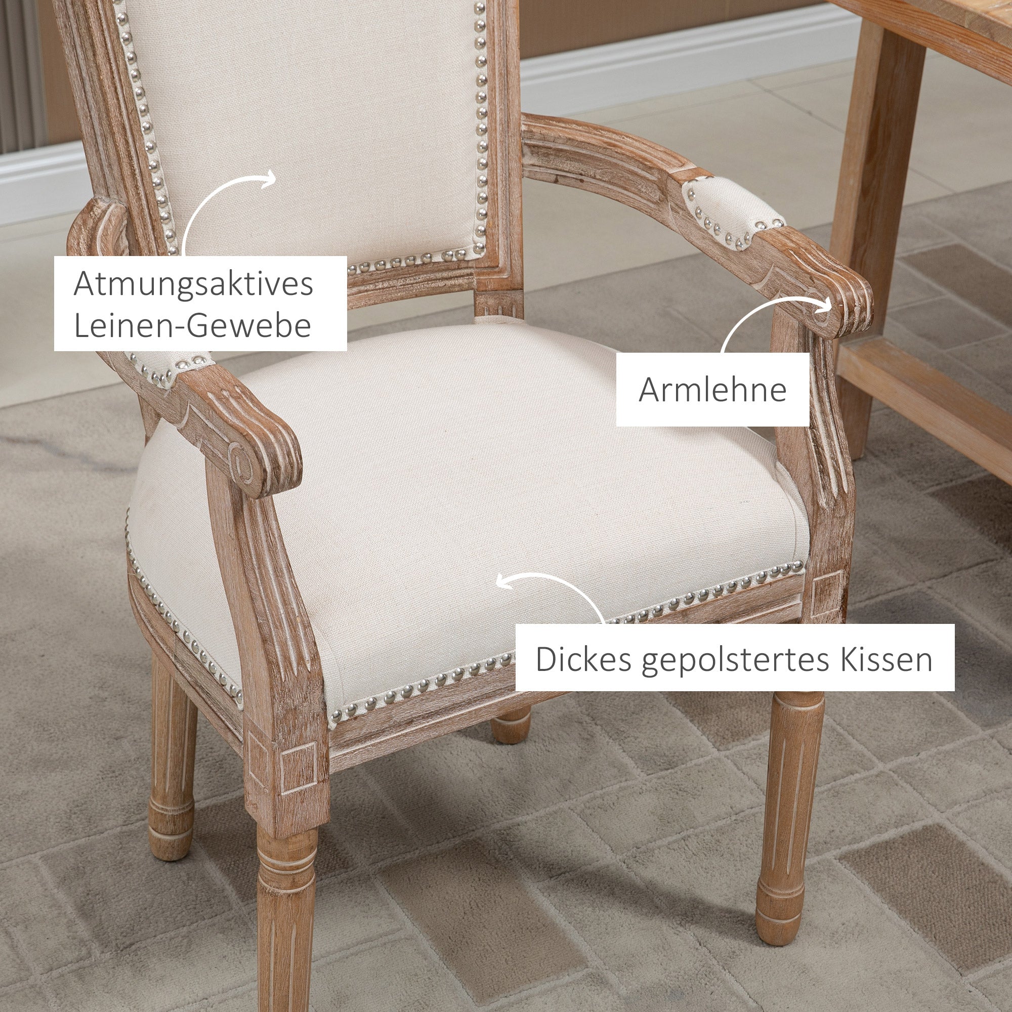 HOMCOM Esszimmerstuhl, Küchenstuhl, Nietendekor, französischer Landhausstil, Kautschukholz, Cremeweiß, 59 x 63,5 x 96cm