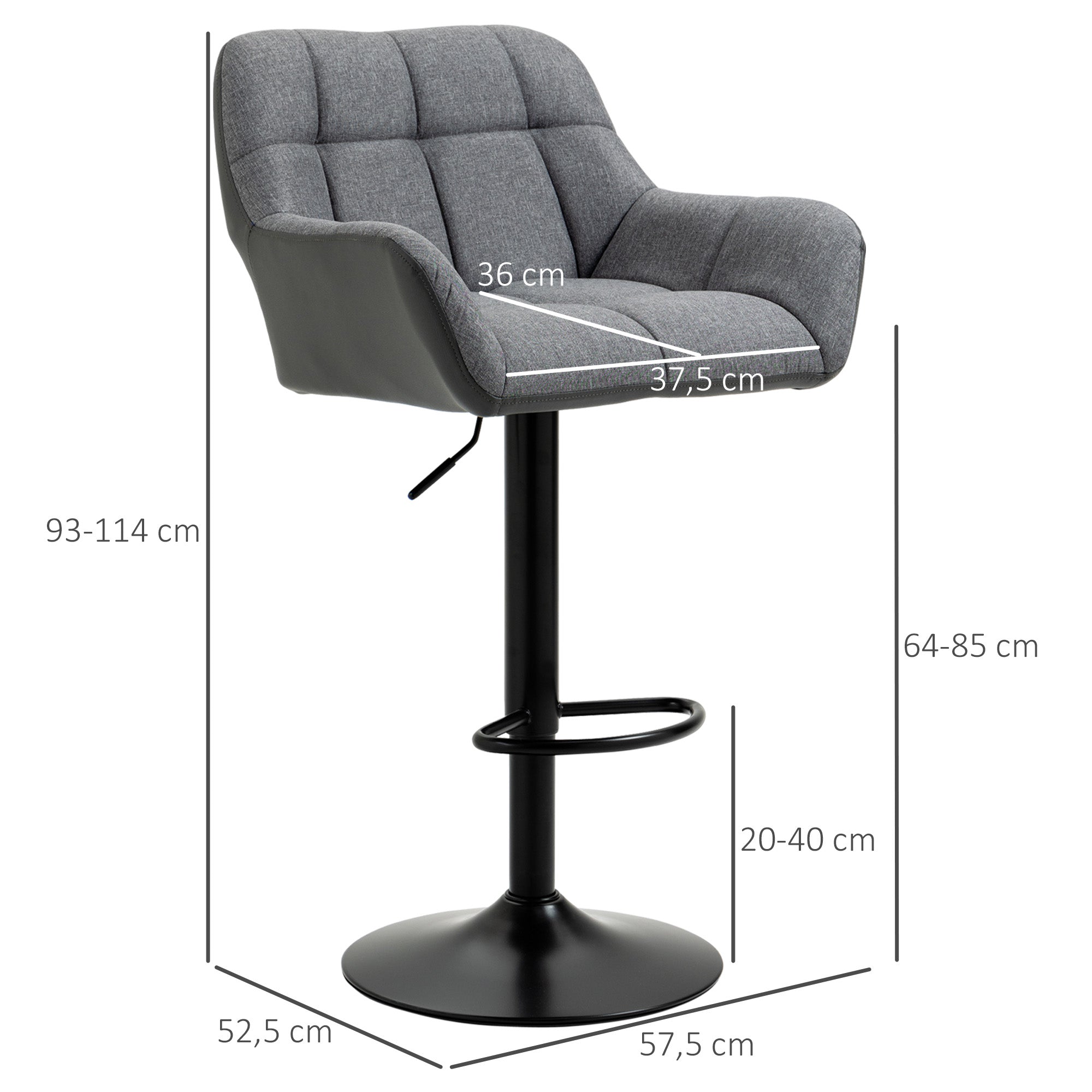 HOMCOM Barhocker 2er-Set Retro-Design höhenverstellbar Kunstleder Leinenoptik Grau + Schwarz