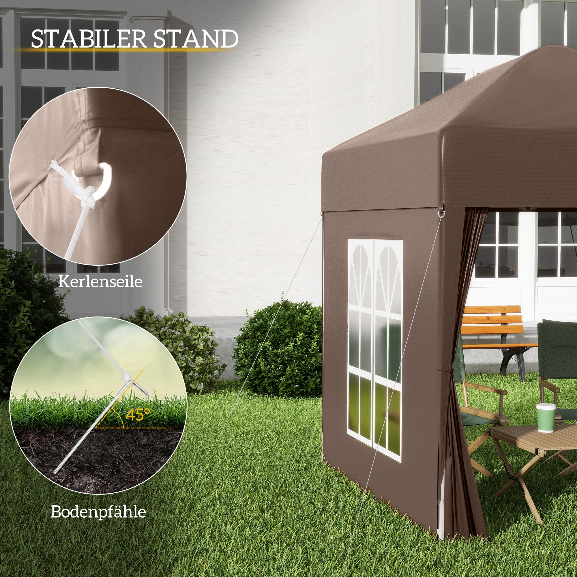 Outsunny Faltpavillon, Bierzelt, 4 abnehmbare Seitenwände, 2 Fenster, Metallrahmen, 2 x 2m, Braun