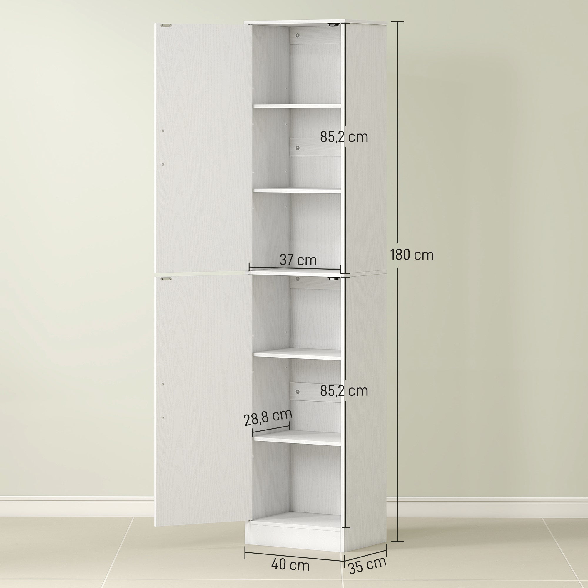 HOMCOM 180 cm hoher Badezimmerschrank, schmaler Badschrank mit 2 Türen, 4 verstellbare Regale, Spanplatte, MDF, Weiß