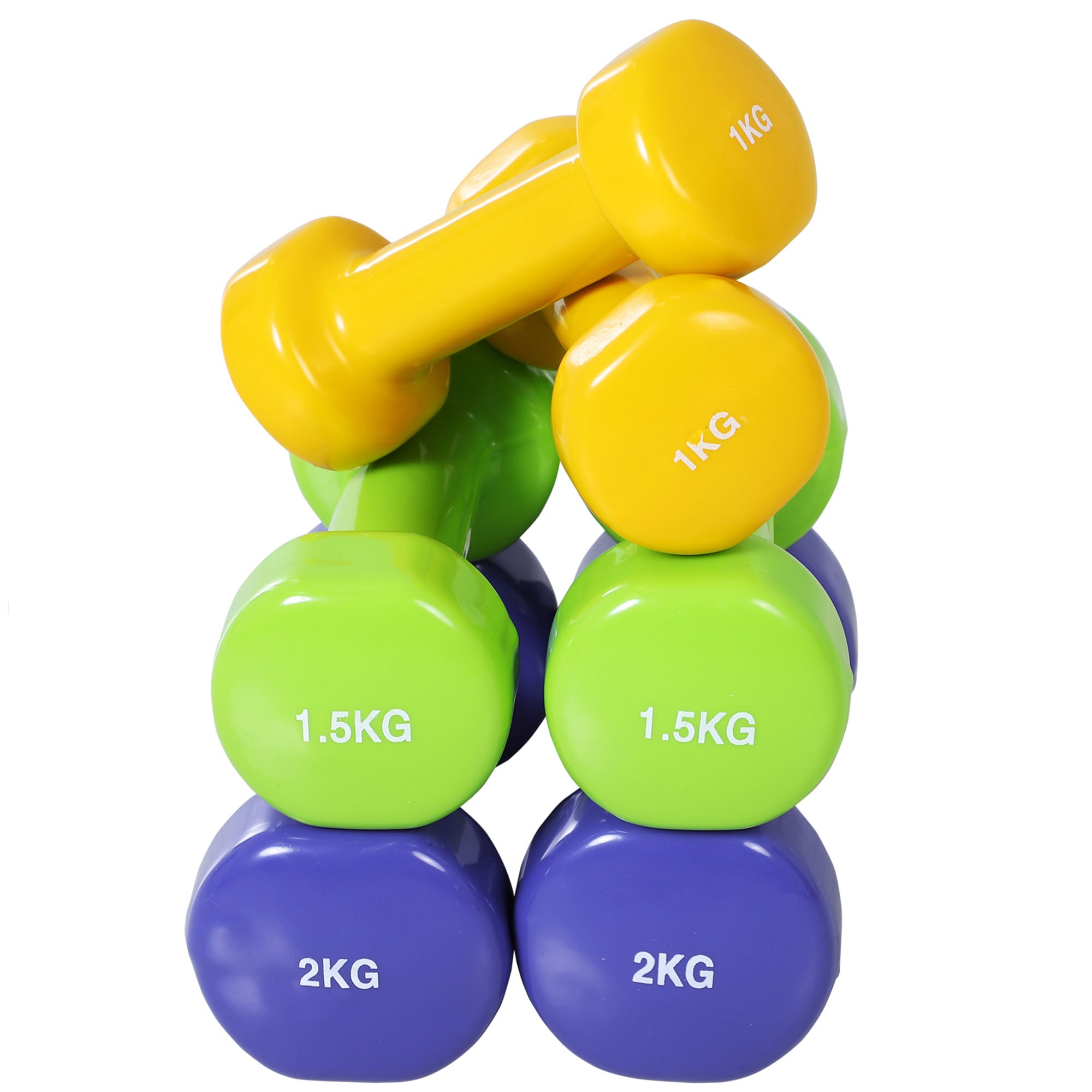 HOMCOM Hantelset 4 Hantelpaare mit Koffer 0,5 kg/1 kg/1,5 kg/2 kg Eisen+Kunststoff Rot Gelb Grün Lila