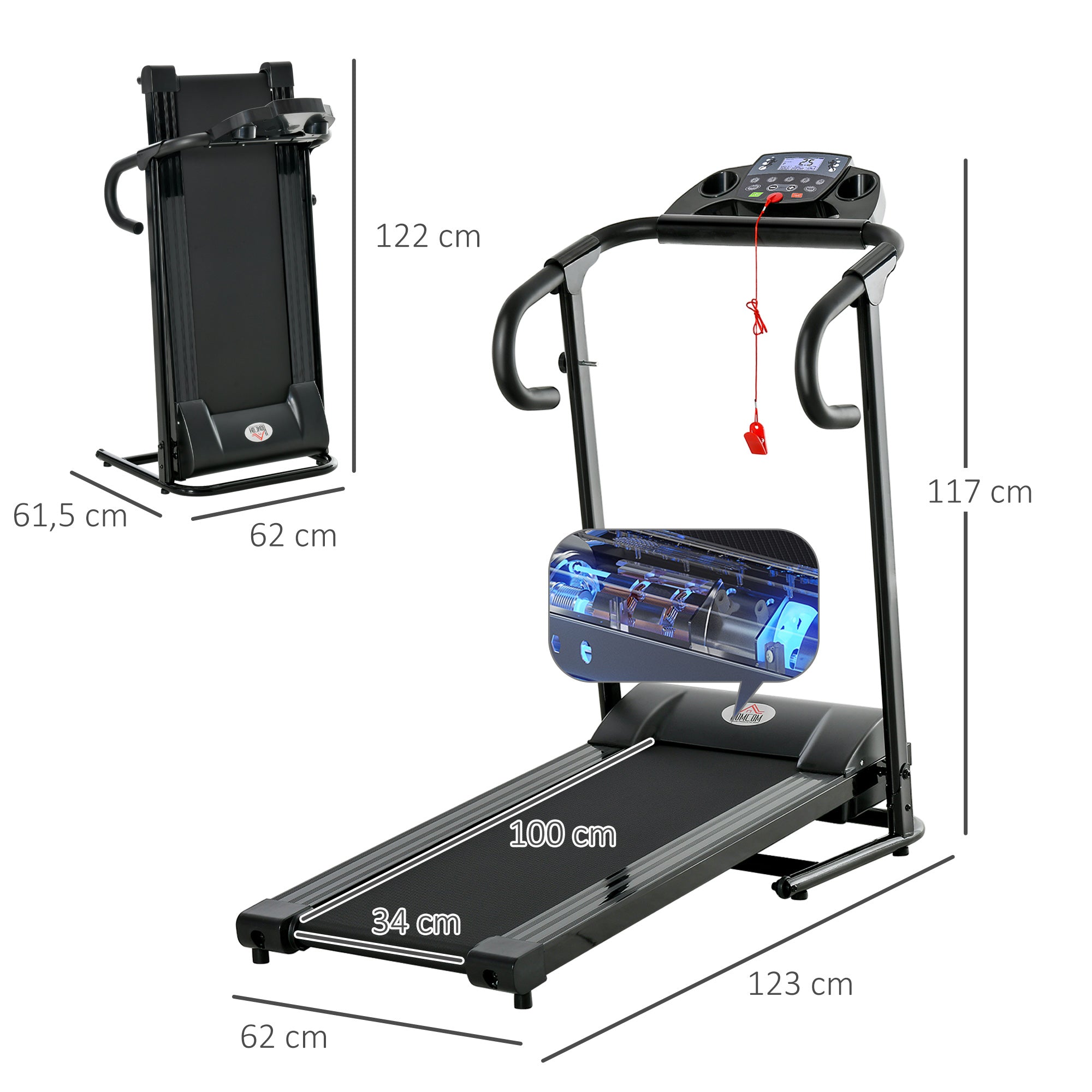 homcom Elektrisches Laufband, faltbar, mit LCD-Display, Geschwindigkeit 0,8-10km/h und 3 Programme, Leistung 500 W, 123 x 62 x 117 cm, Schwarz