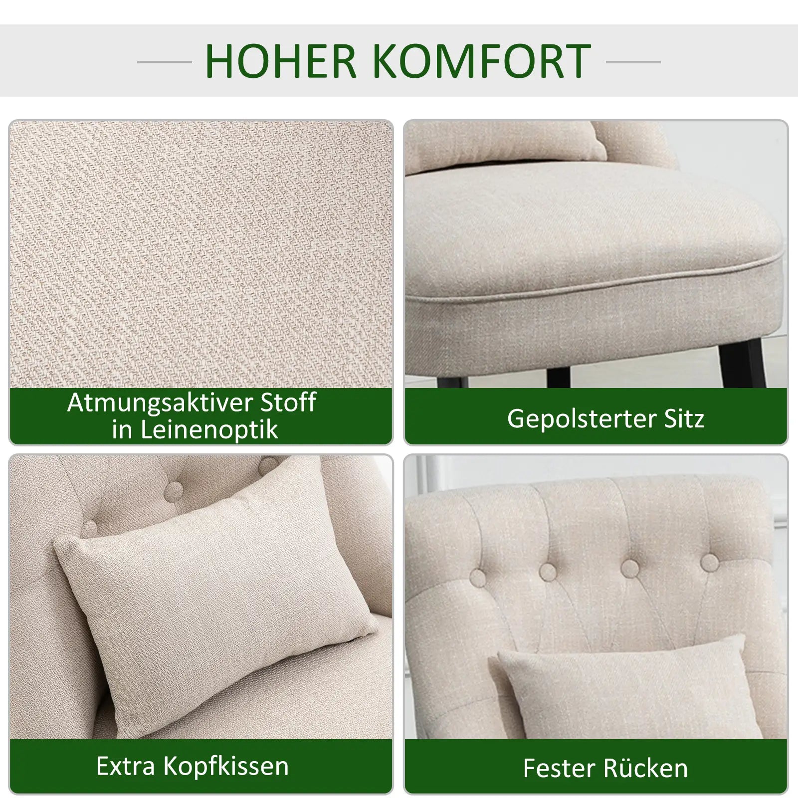 HOMCOM Weicher Polstersessel mit Rückenkissen, zum Lesen und Ausruhen, Stoffbezug in Leinenoptik, 52,5 x 69 x 77 cm, Cremeweiß
