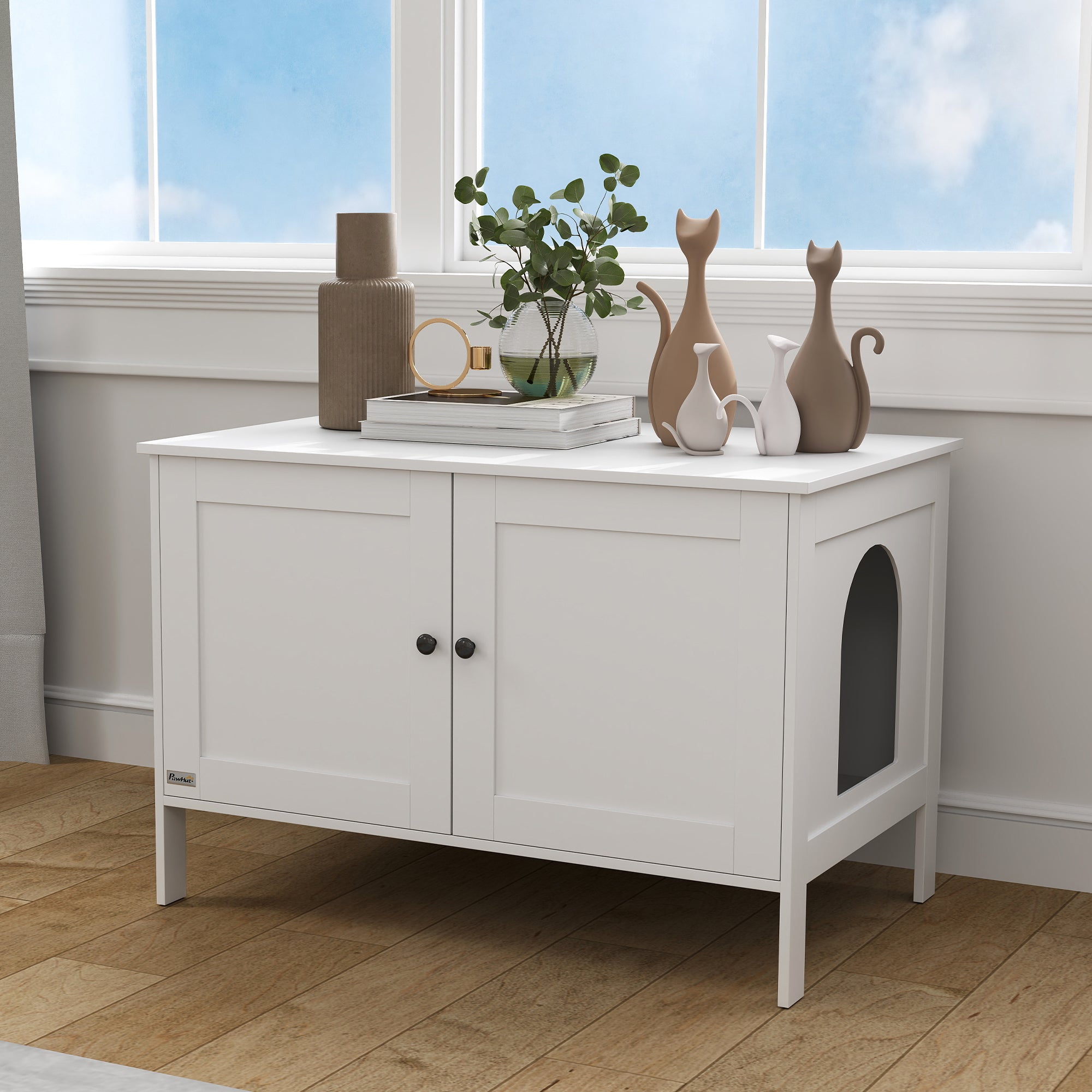 PawHut Katzenklo-Schrank Katzenhaus mit Tür Trennwand Katzentoilette für große Katzen 80 x 51 x 54 cm Weiß