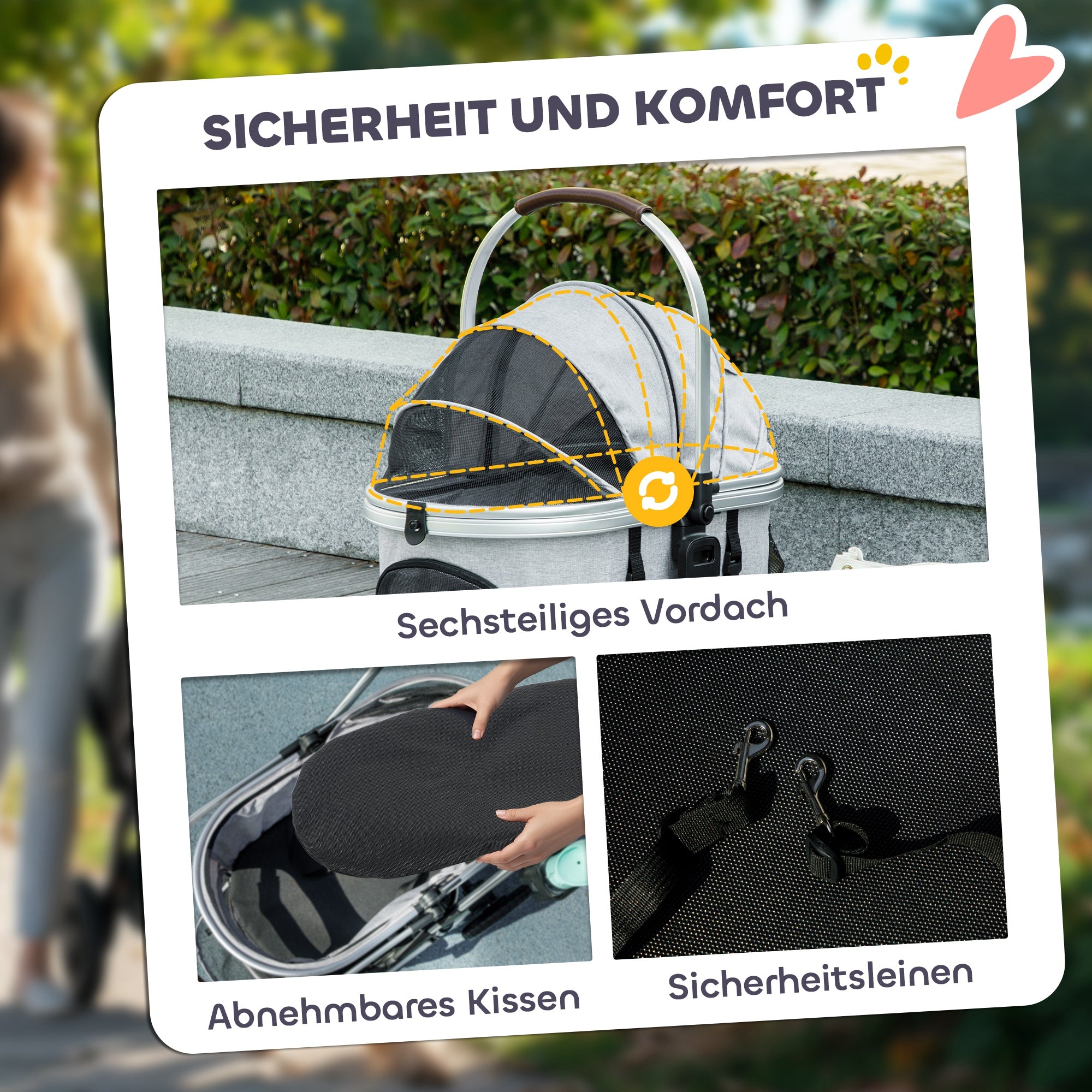 PawHut Hundewagen 3 in 1 Hundebuggy klappbar für Katzen bis 10 kg Katzenbuggy mit Kissen Becherhalter Hellgrau