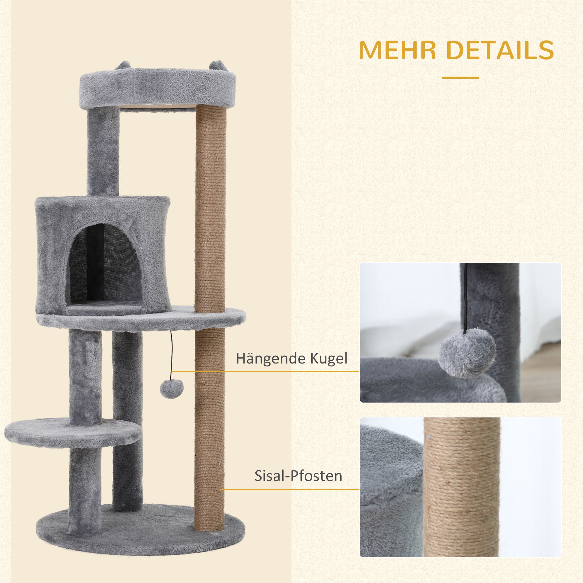 PawHut Katzenbaum 4-Stock Katzenhöhle Katzenhaus mit Spielbällen Sitzstange Sisalsäule und Kratzbrett groß stabil luxuriös Sisal Plüsch Grau 48x48x104 cm