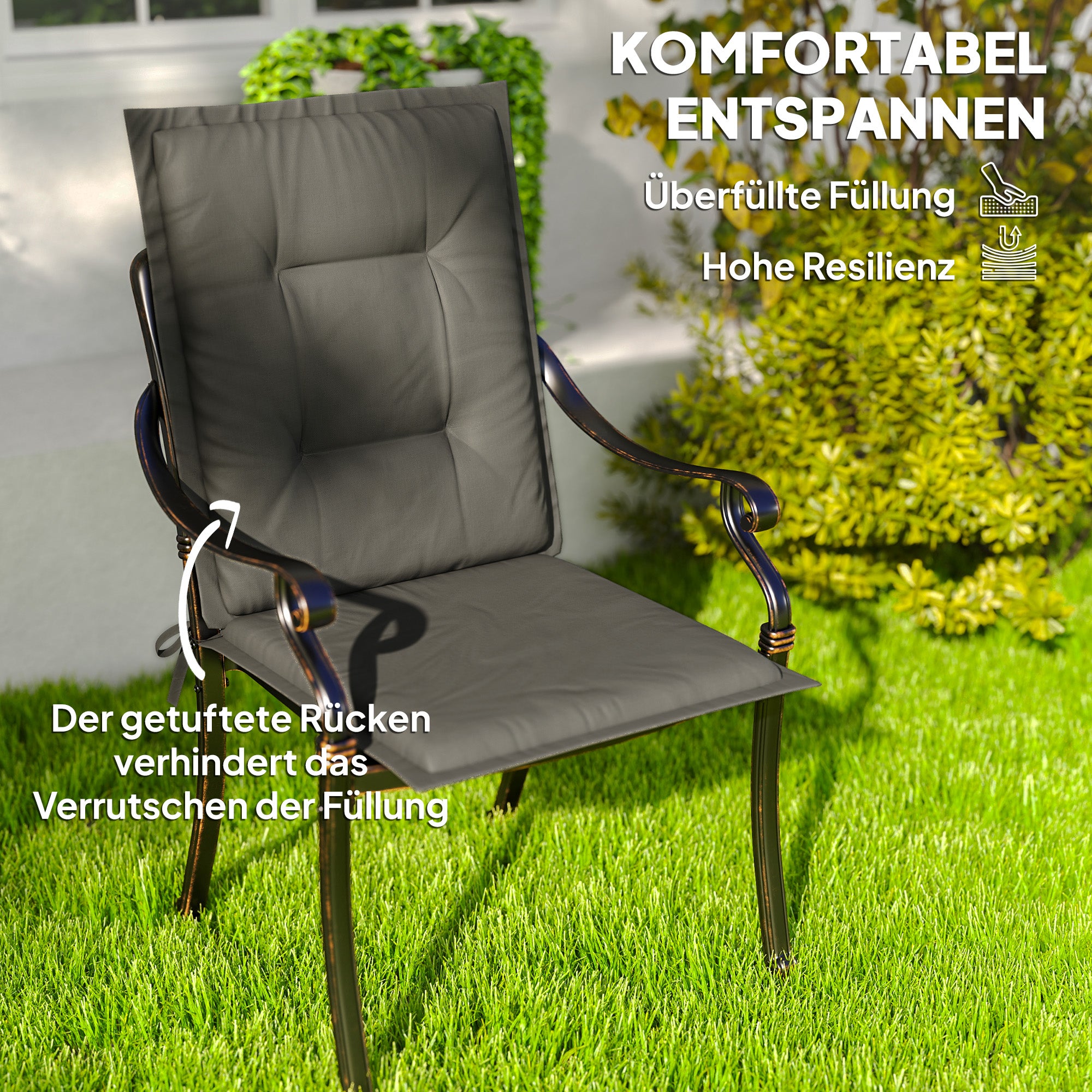 Outsunny 4er Set Sitzkissen 108 x 50 x 5 cm Stuhlkissen mit Bändern, Outdoor Indoor Sitzauflage Hellgrau