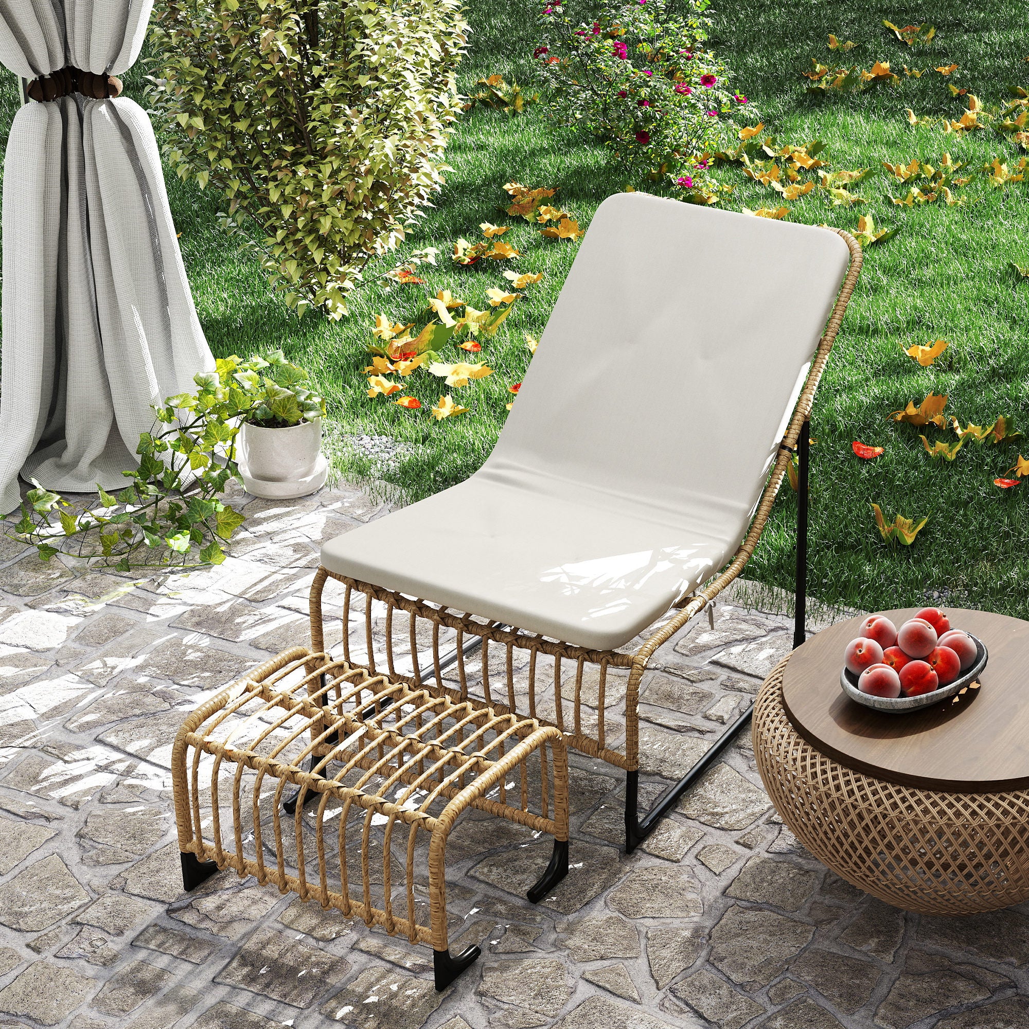 Outsunny Rattan Relaxsessel mit Fußhocker UV-beständig Gartensessel mit Kissen Bänder 65 x 93 x 80 cm Naturholz
