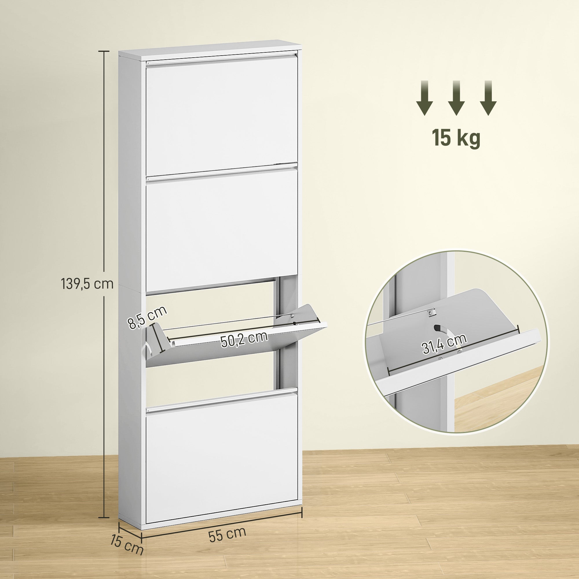 HOMCOM Schmaler Schuhschrank aus Metall für bis zu 8 Paar Schuhe, 4 Kippschubladen, für Flur, Eingangsbereich, Weiß