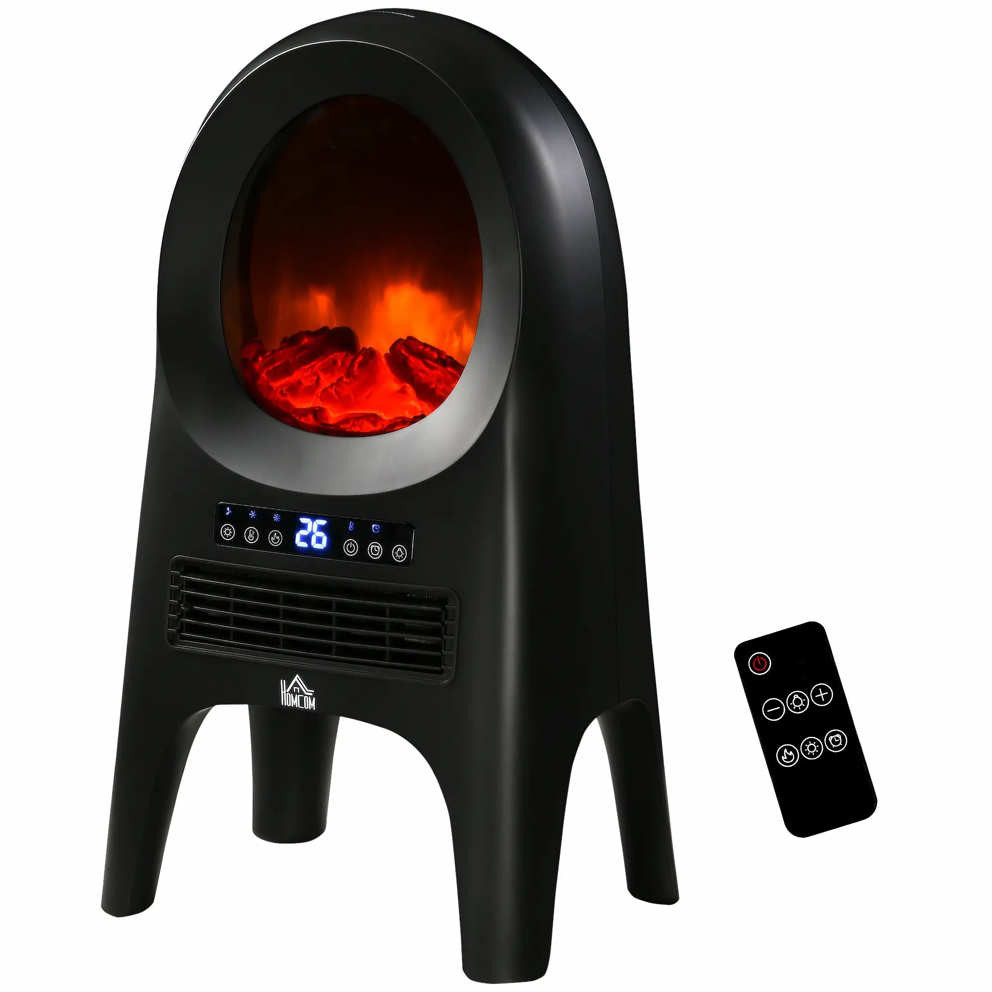 HOMCOM Elektroheizung, 3 Modi, 10-49° C, mit Fernbedienung, LED-Flammen, freistehend, schwarz, 33,7 x 25,5 x 60,4cm