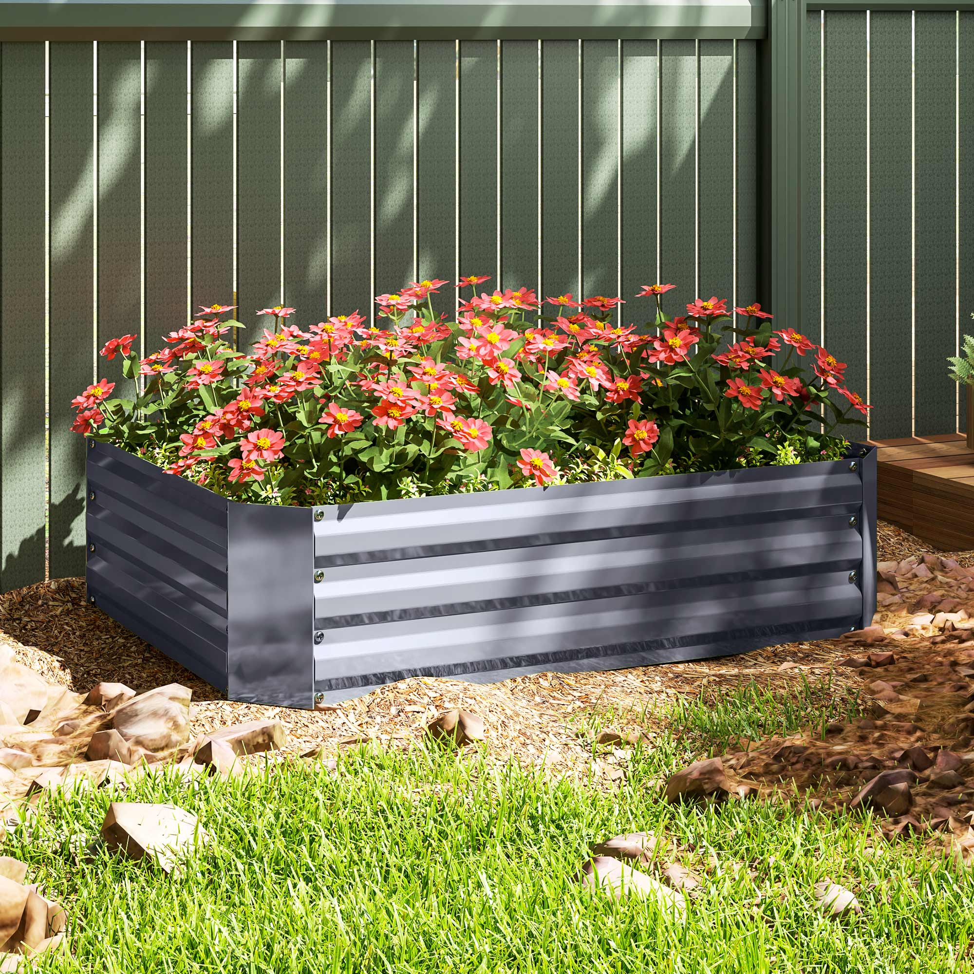 Outsunny Hochbeet aus verzinktem Stahl, Gartenbeet, Pflanzkasten für Garten, Blumenkasten, 120 x 90 x 30 cm, Dunkelgrau
