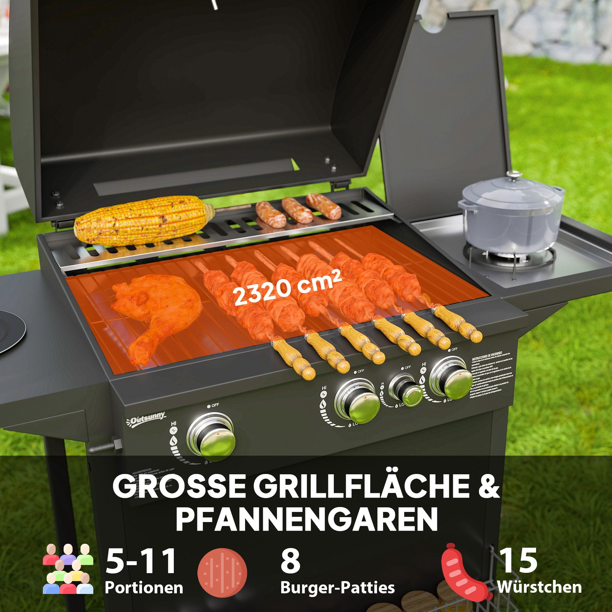 Outsunny Gasgrill 9,5 KW Grillwagen inkl 4 Brenner Seitenkocher Rolle 123 x 57 x 98 cm Schwarz