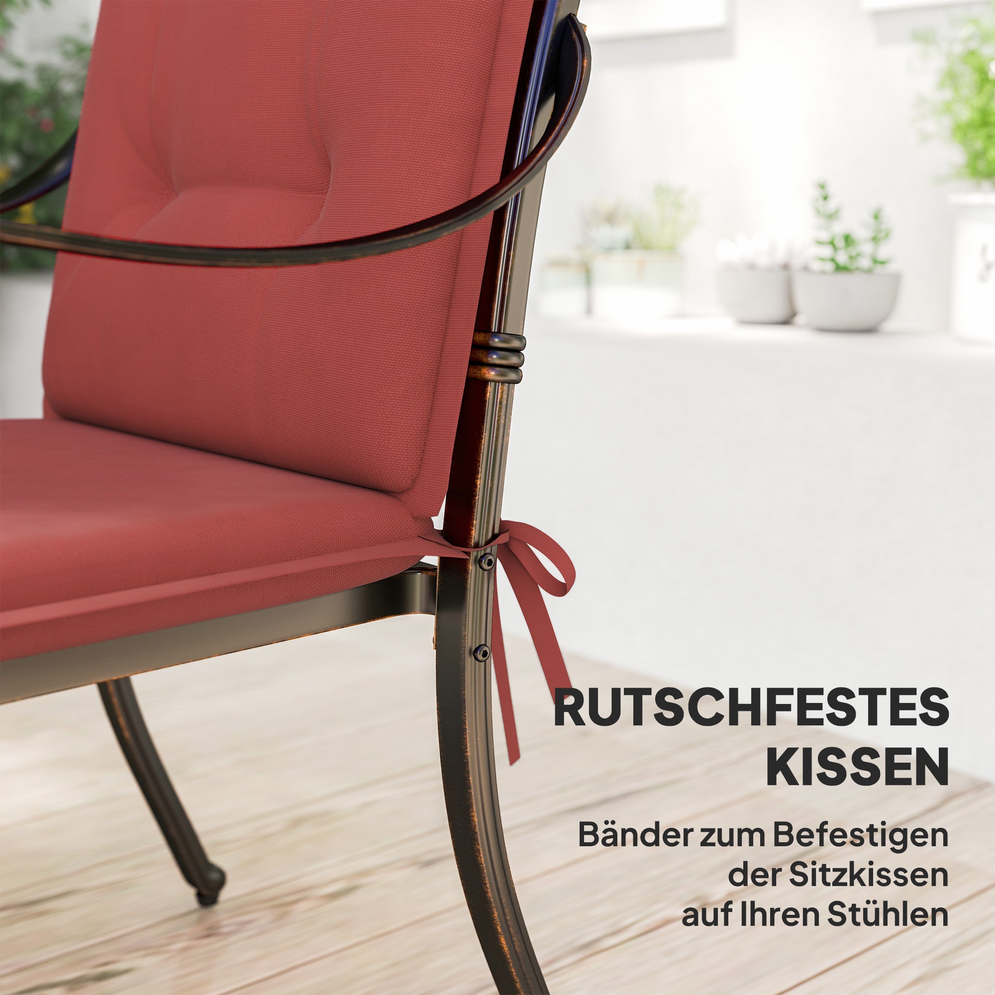 Outsunny 4er Set Sitzkissen 108 x 50 x 5 cm Stuhlkissen mit Bändern, Outdoor Indoor Sitzauflage Weinrot