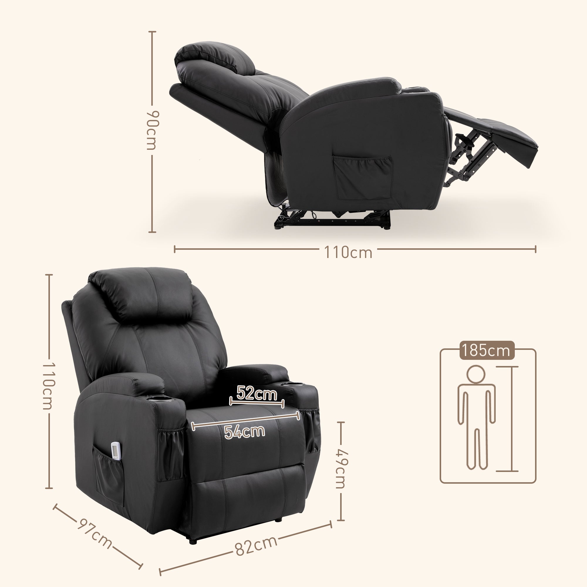 HOMCOM Massagesessel Elektrisch Relaxsessel Fernsehsessel Massagefunktion Liegefunktion TV-Sessel mit 2 Seitentaschen und Getränkehalter Kunstleder Schwarz 82 x 97 x 110 cm