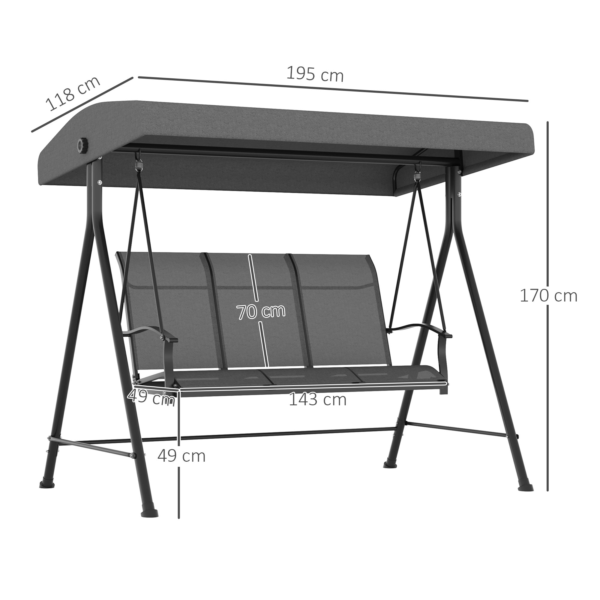 Outsunny Hollywoodschaukel, für 3 Personen, verstellbares Sonnendach, bis 240 kg, dunkelgrau, 195 x 118 x 170 cm
