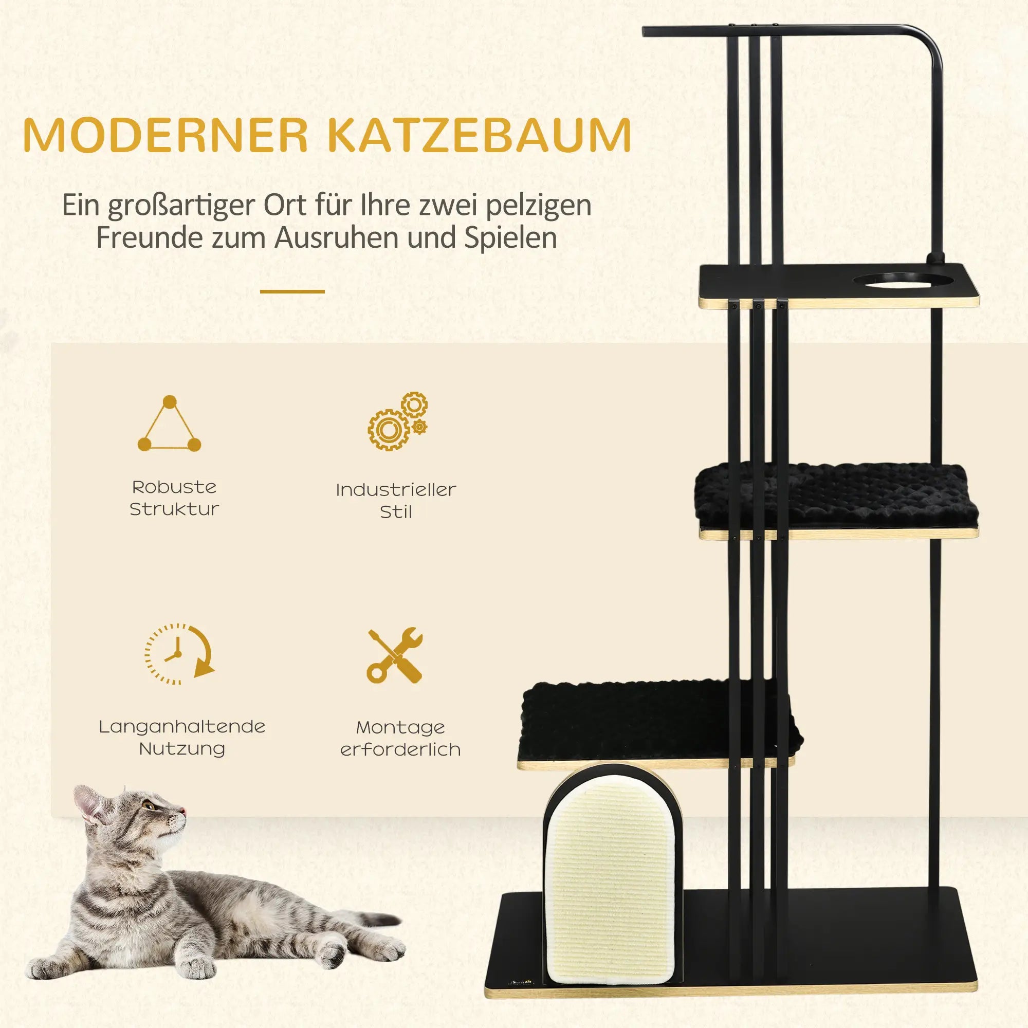 PawHut Kratzbaum, Industrial Design, 3 Plattformen, 2 Liegekissen, Kratzwand, Stahlrahmen, schwarz, 85 x 48 x 170 cm