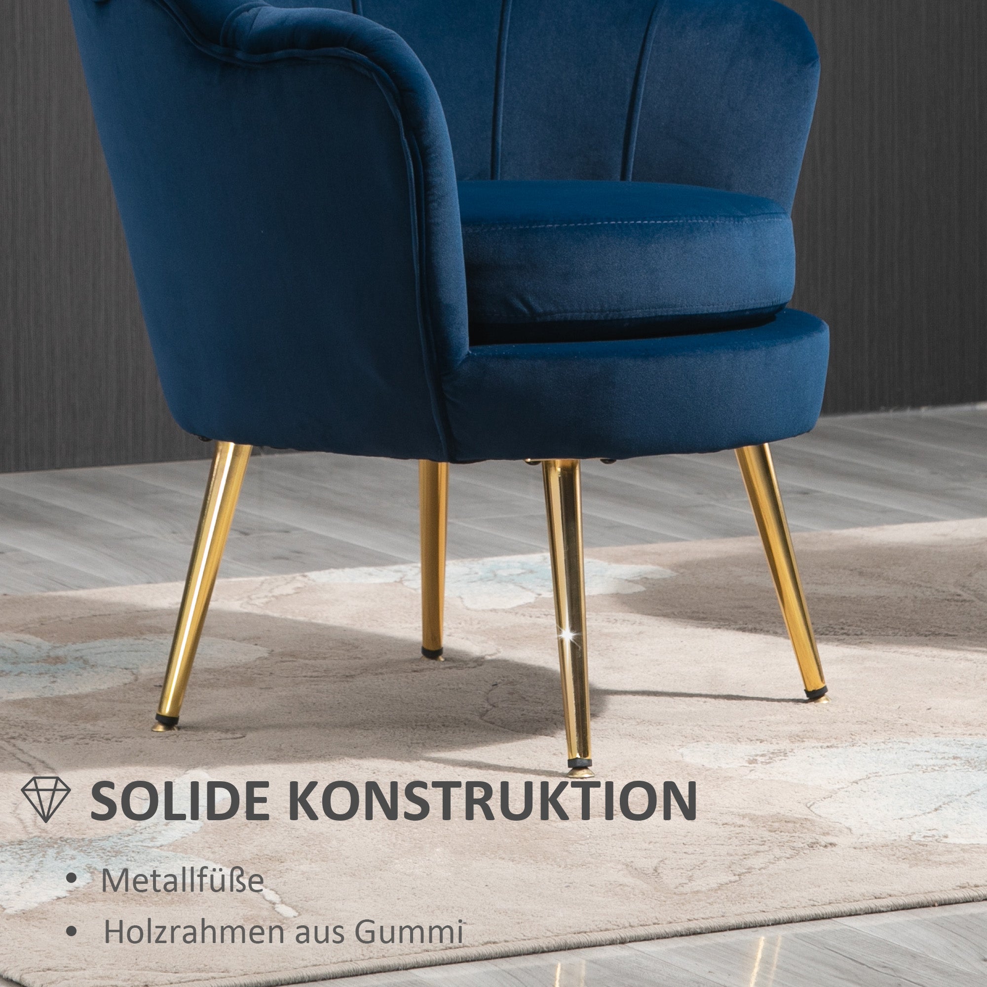 HOMCOM Lounge-Sessel, Vintage-Sessel in Samtoptik, Metallgestell, 76 x 67 x 74 cm, Blau