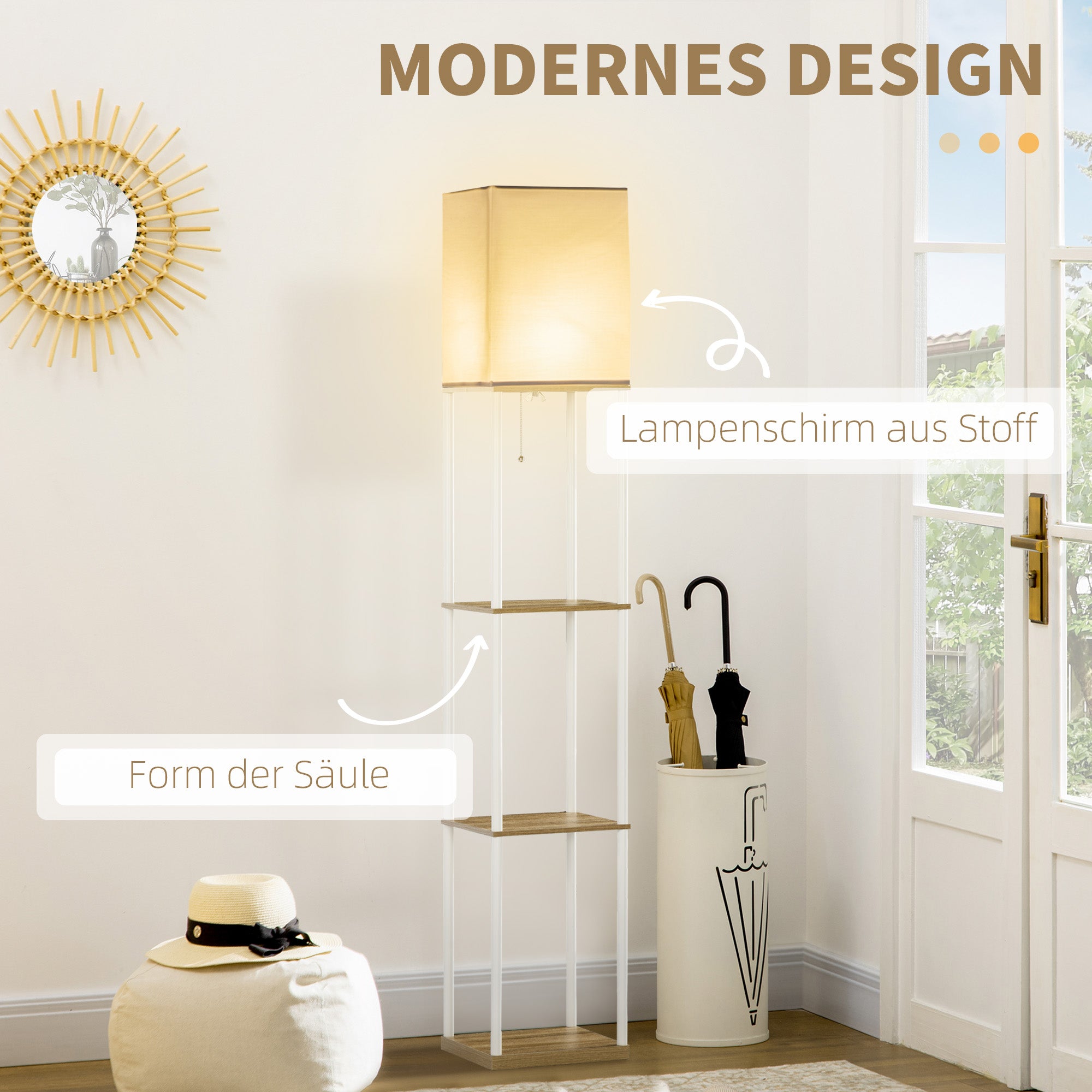 HOMCOM Standleuchte, Deckenfluter, mit Regalen, Metallrahmen, Stoffschirm, 26x26x159cm, Weiß/Braun