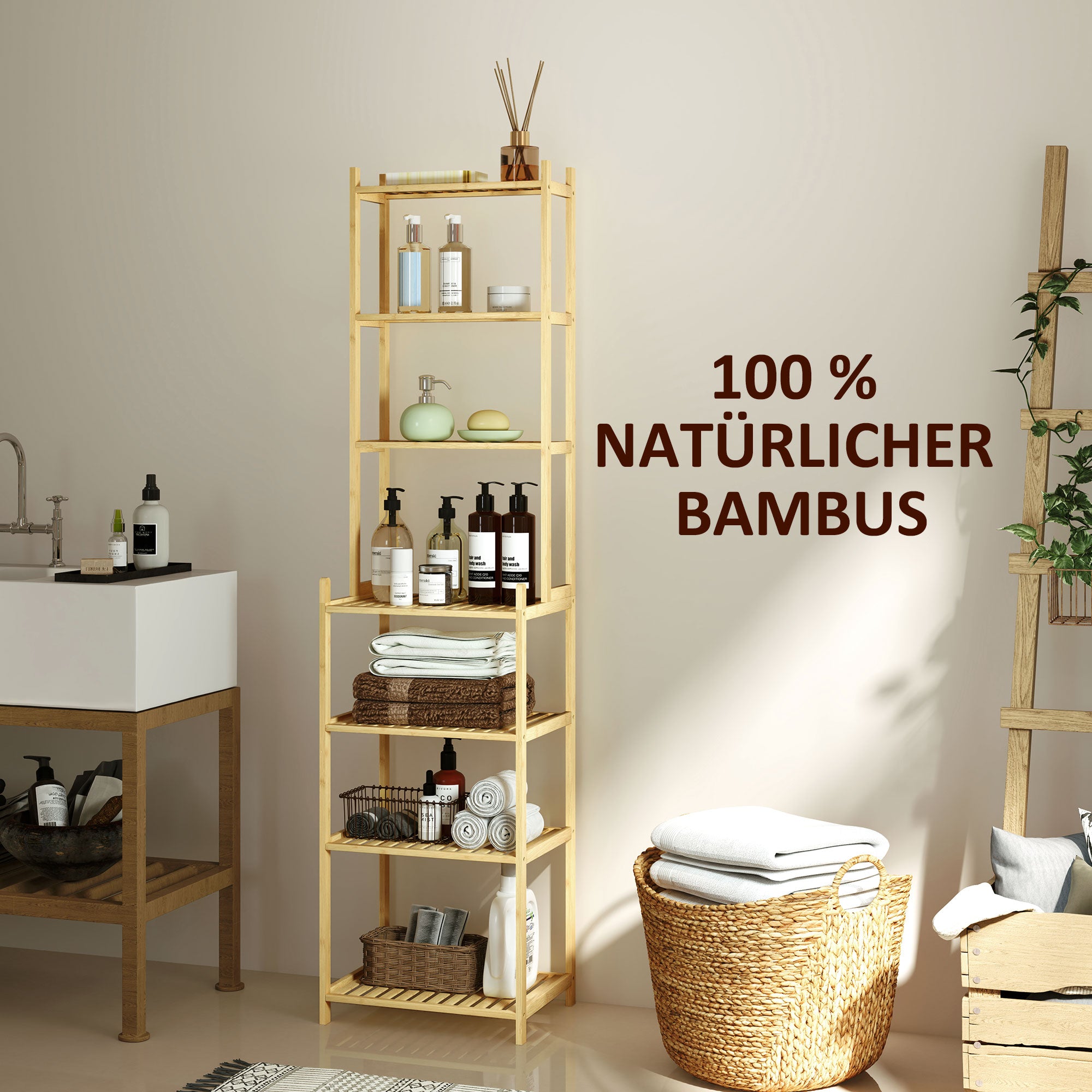 HOMCOM Badezimmerregal mit 7 Ebenen, Badregal aus Bambus, wasserfest, robust, 180 cm